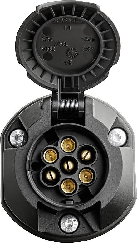 7-pin trailer plug with removable cap, six socket contacts and a central socket visible, suitable for electrical connections.