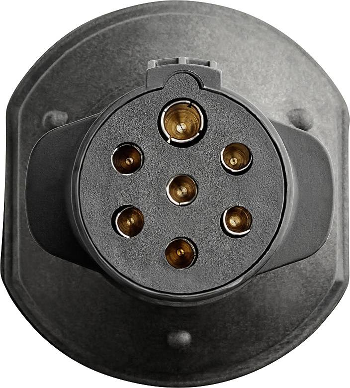 Close-up of a Type 2 electric vehicle connector with seven contact points, used for charging electric cars.