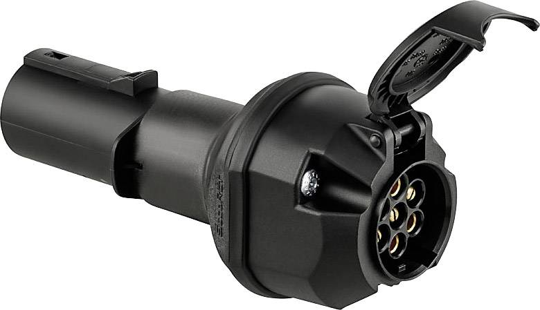 'Trailer Vehicle Adapter' shows an electrical adapter with seven pins and a protective cover for connecting vehicles with trailers.