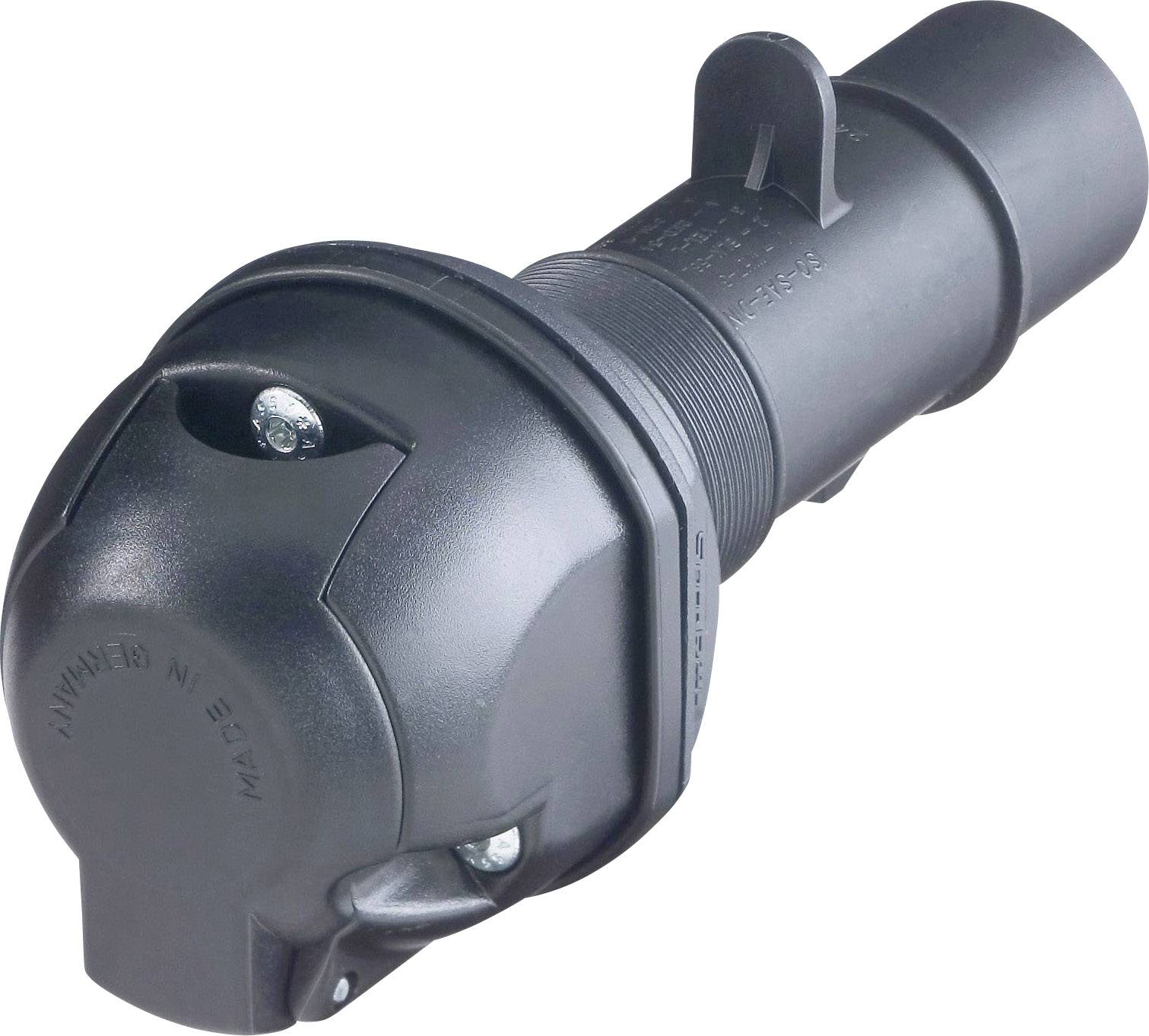 Black, round plug with screws and protective cap, typical for vehicle electronics or trailer connections.