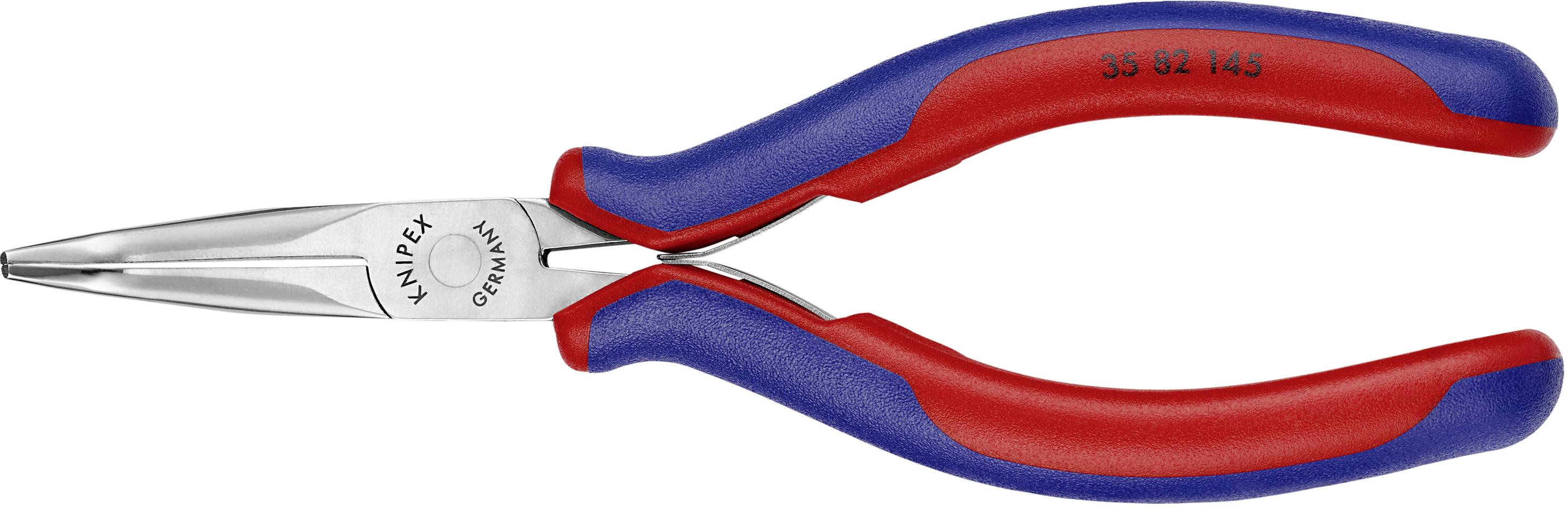 Long pointed pliers with blue and red handles, suitable for precise work in hard-to-reach areas. Brand name visible.