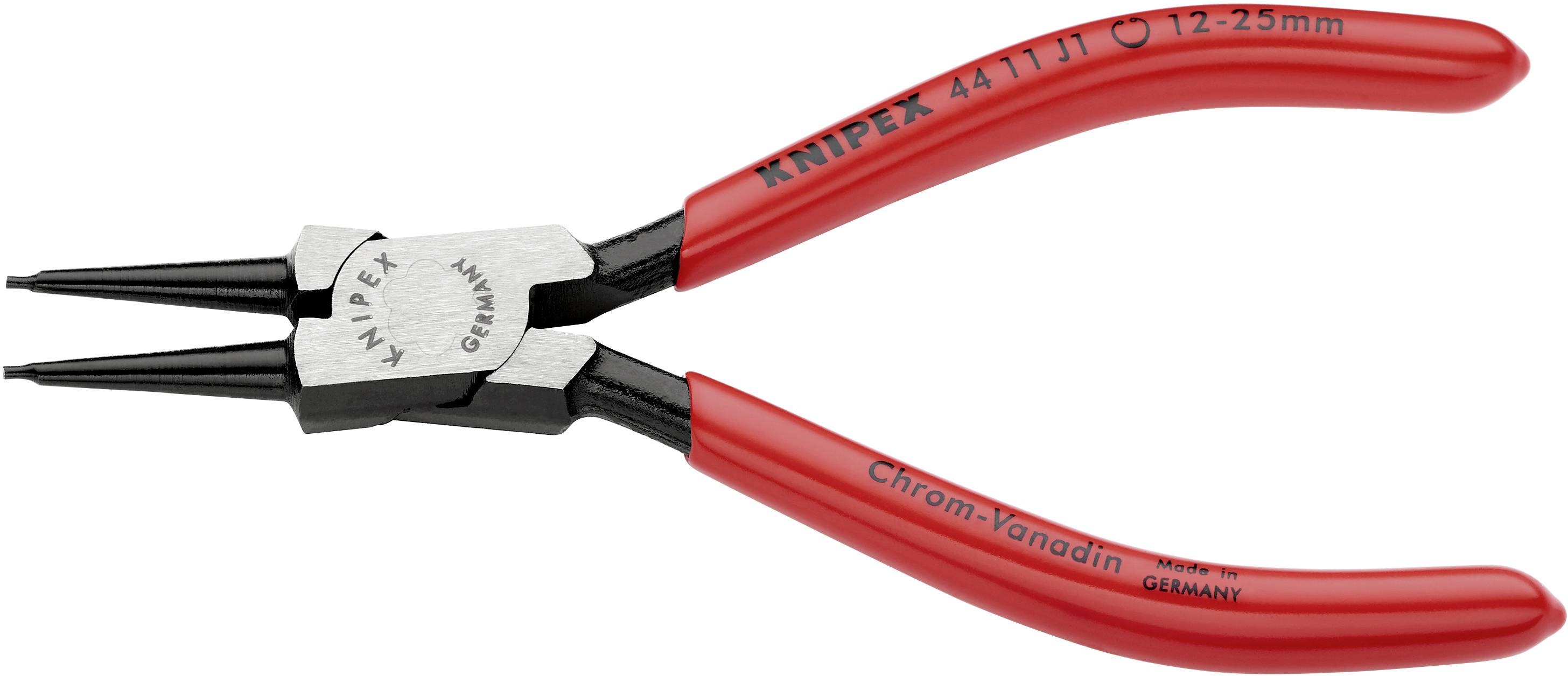 A red KNIPEX circlip pliers with black tips, suitable for circlips from 12-25 mm. Model 4411J1, made of chrome vanadium.