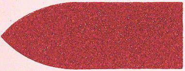 Red, pointed lipstick with a shimmering surface.