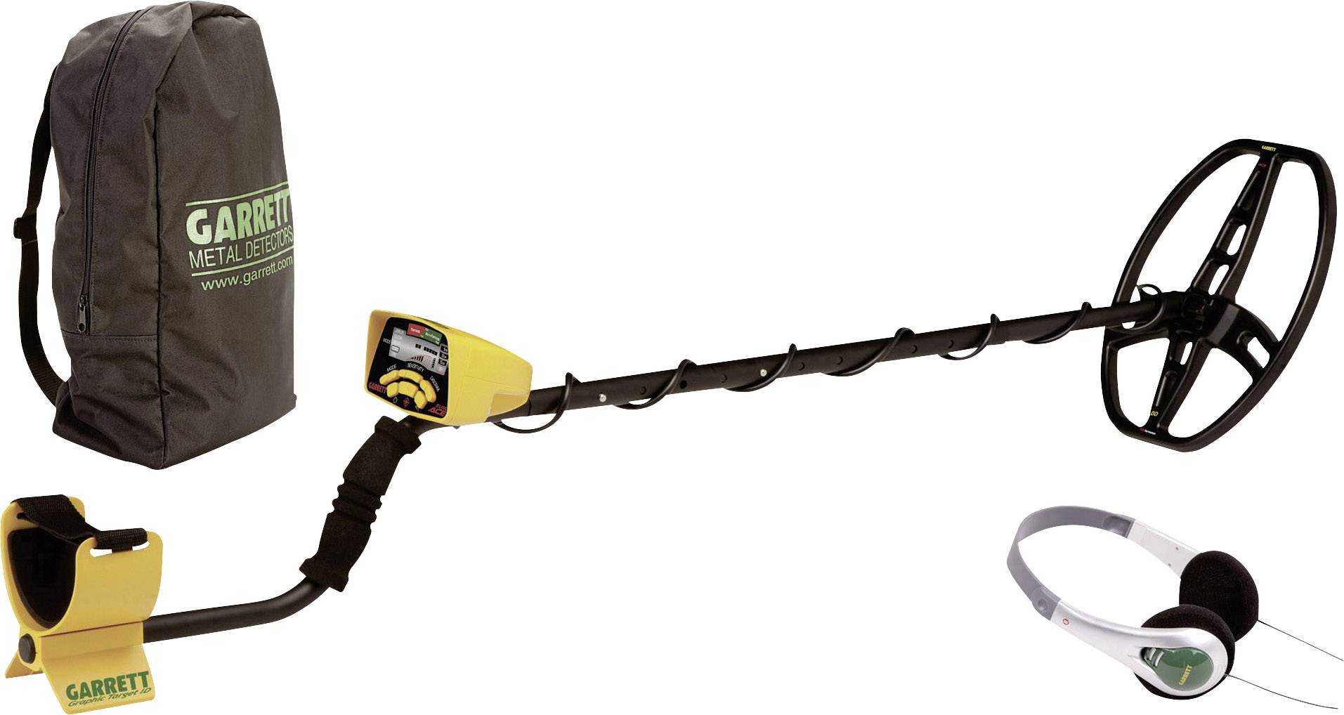 'Garrett' Metal Detector Set with yellow detector device, black search coil, headphones and carry case. Ideal for treasure hunting.