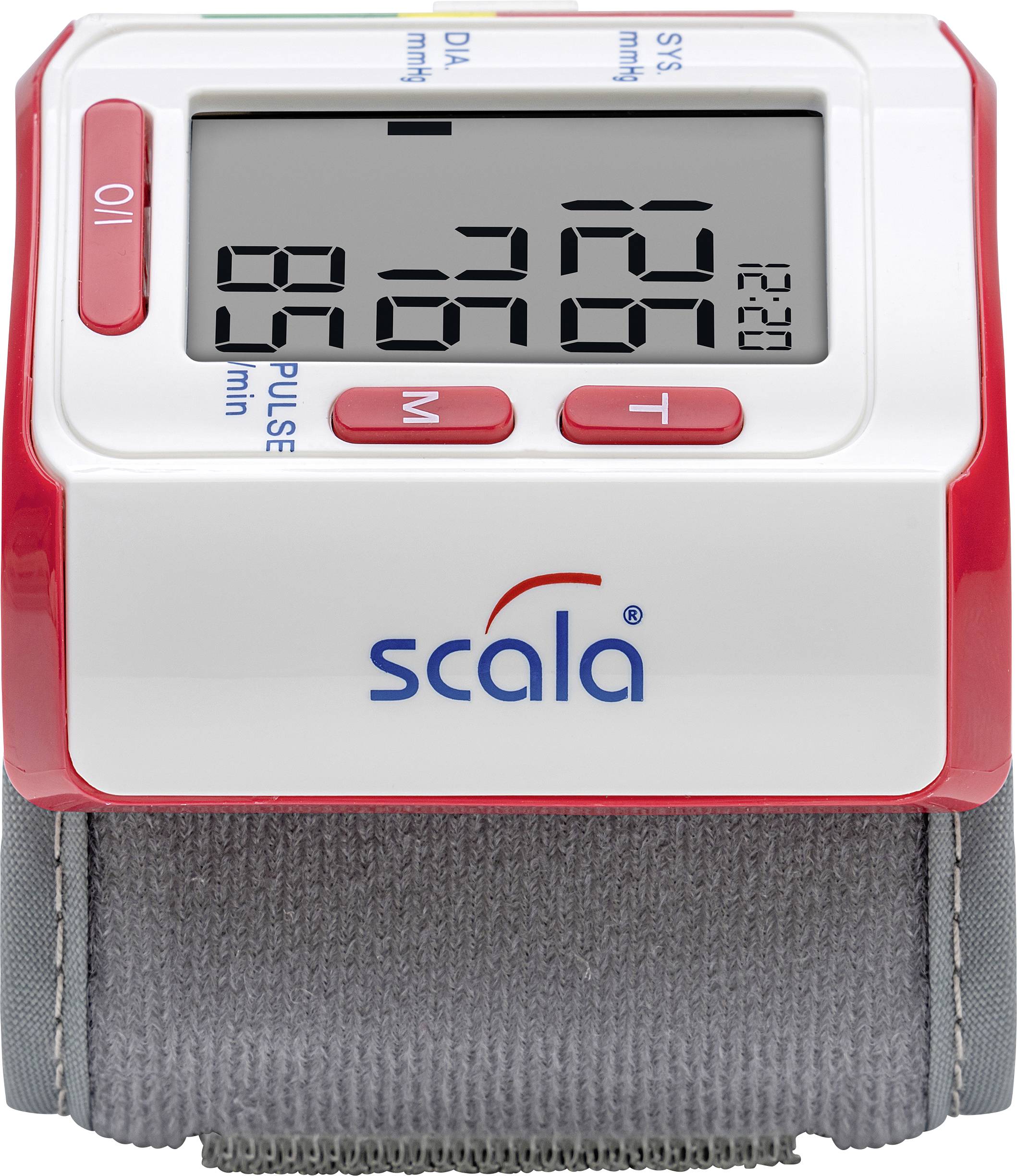 Digital blood pressure monitor displaying readings: 120/80 mmHg blood pressure and 72 pulse. Device has a grey arm cuff.