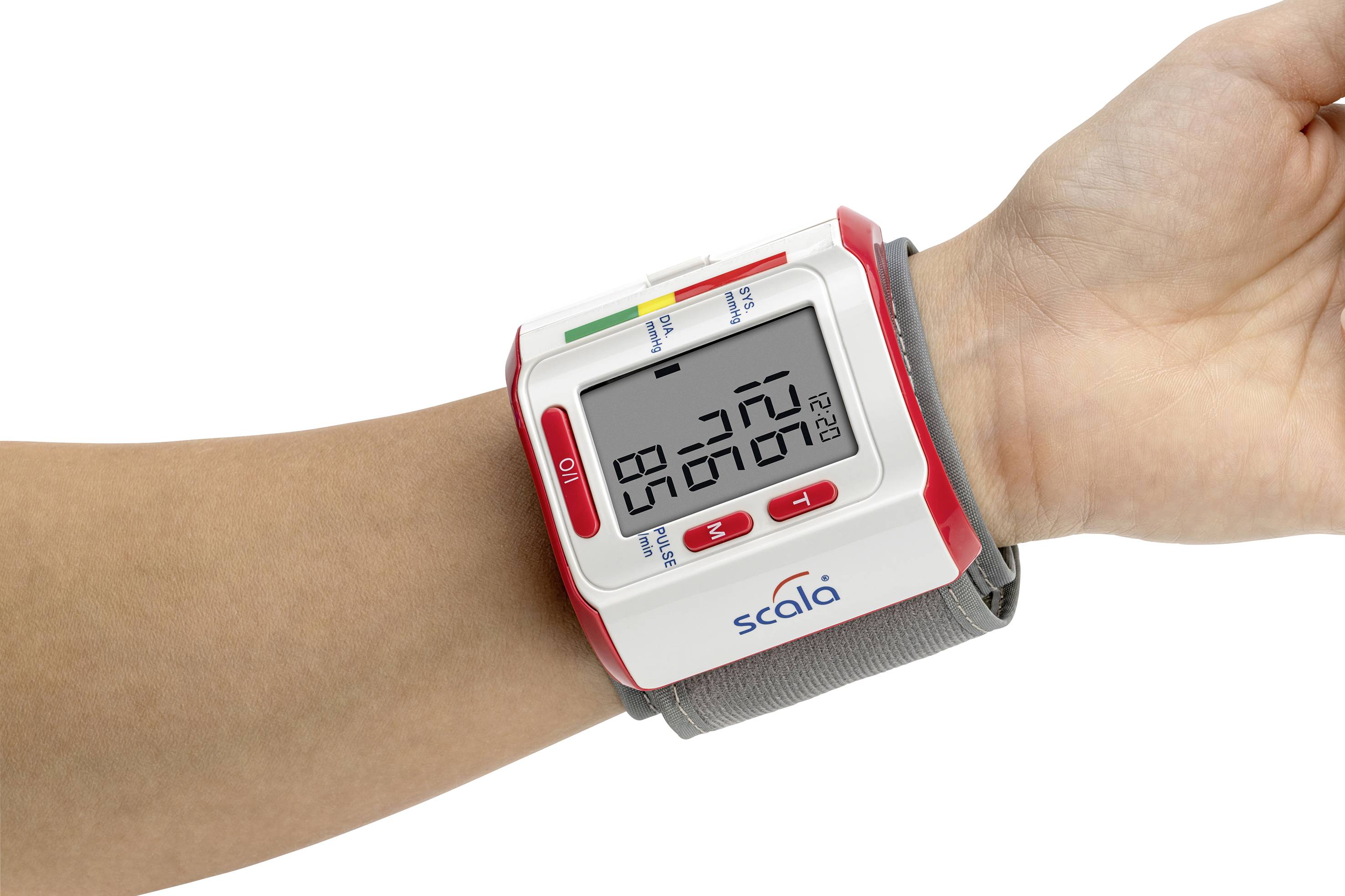 Wrist blood pressure monitor shows a blood pressure reading of 127 over 80 mmHg and a pulse rate of 78. The device has a digital display.