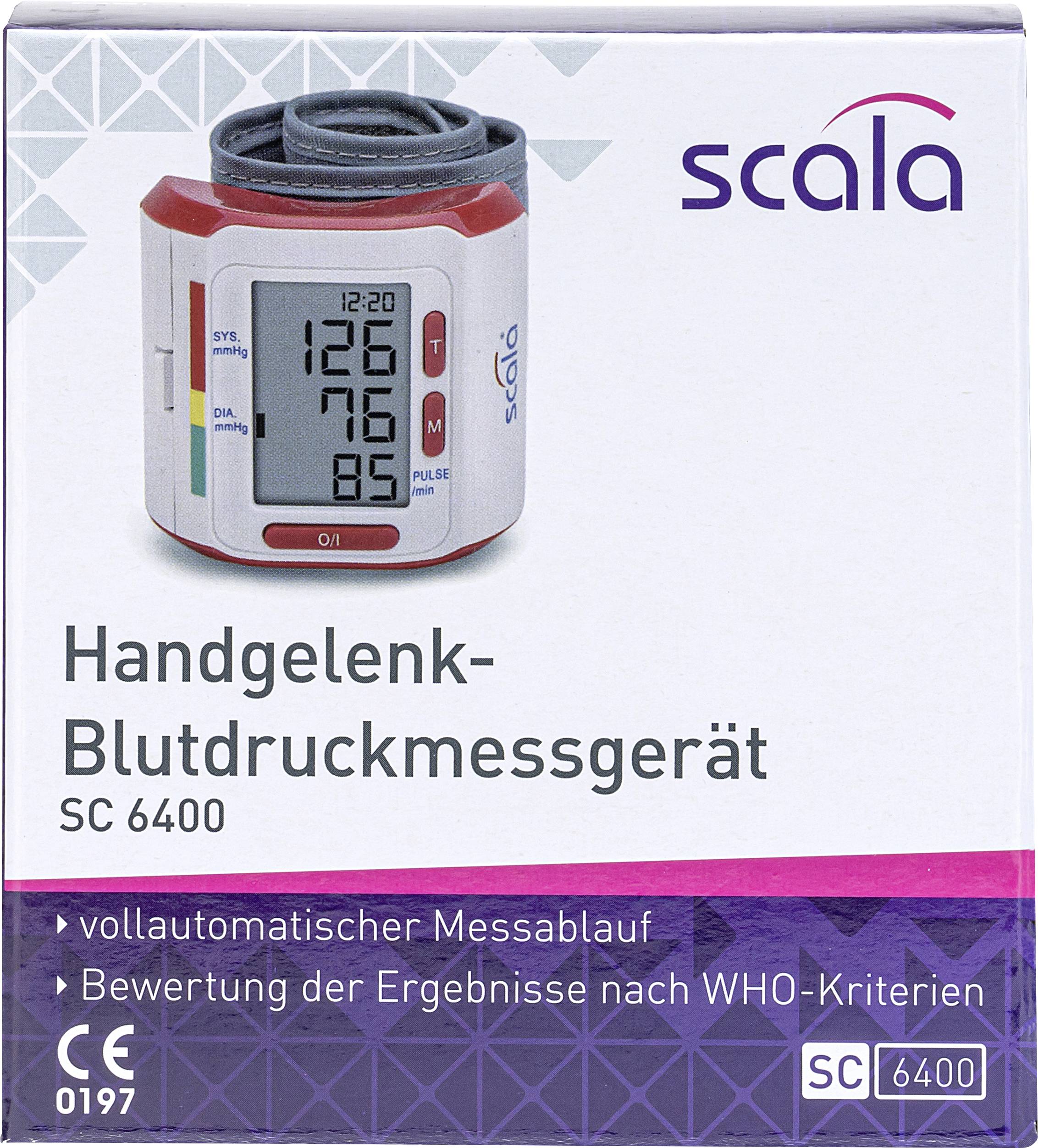 Wrist blood pressure monitor by Scala, Model SC 6400, with fully automatic measurement process and WHO evaluation of results.
