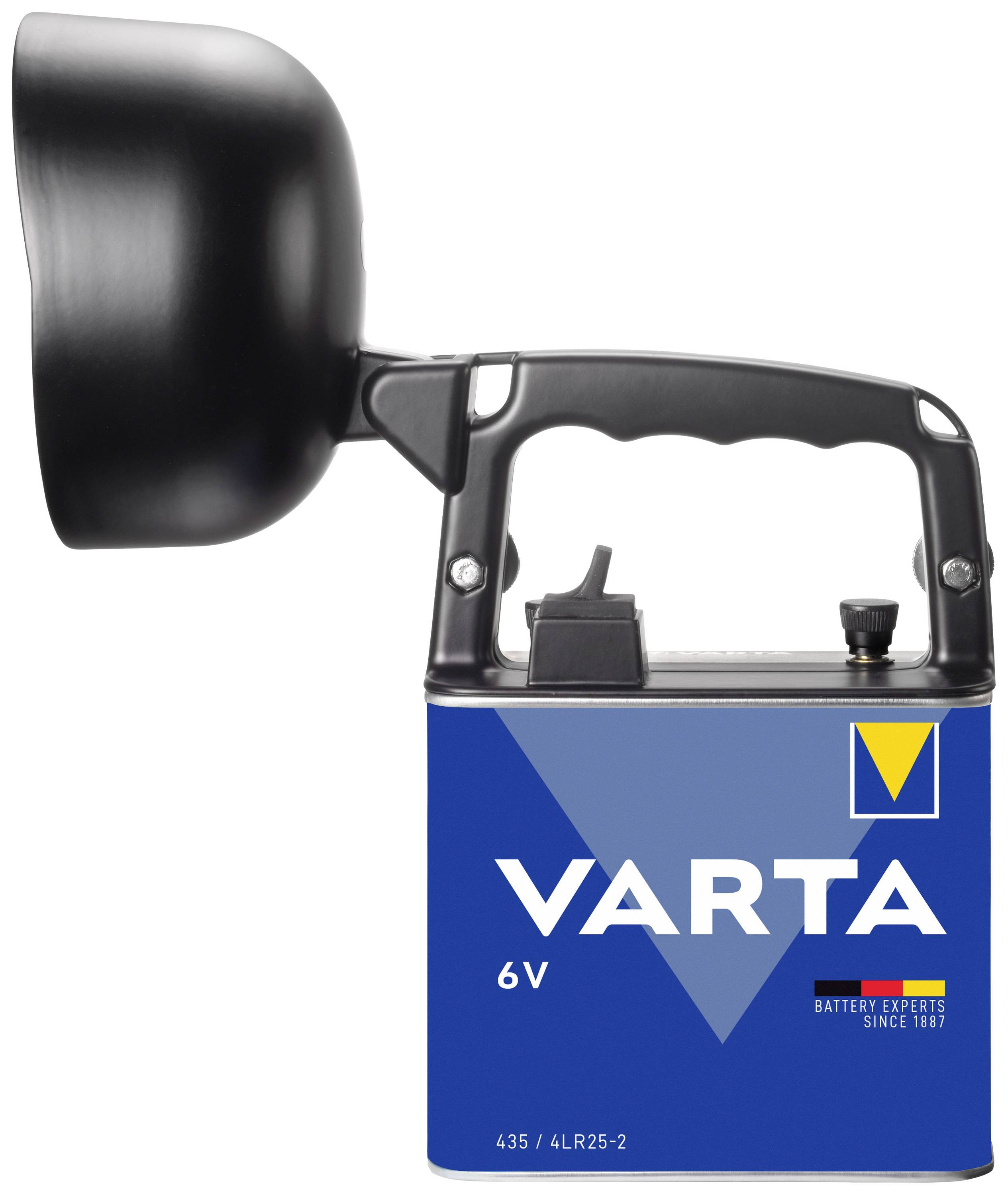 A black torch with a 6V Varta battery compartment underneath.Note: In British English, 