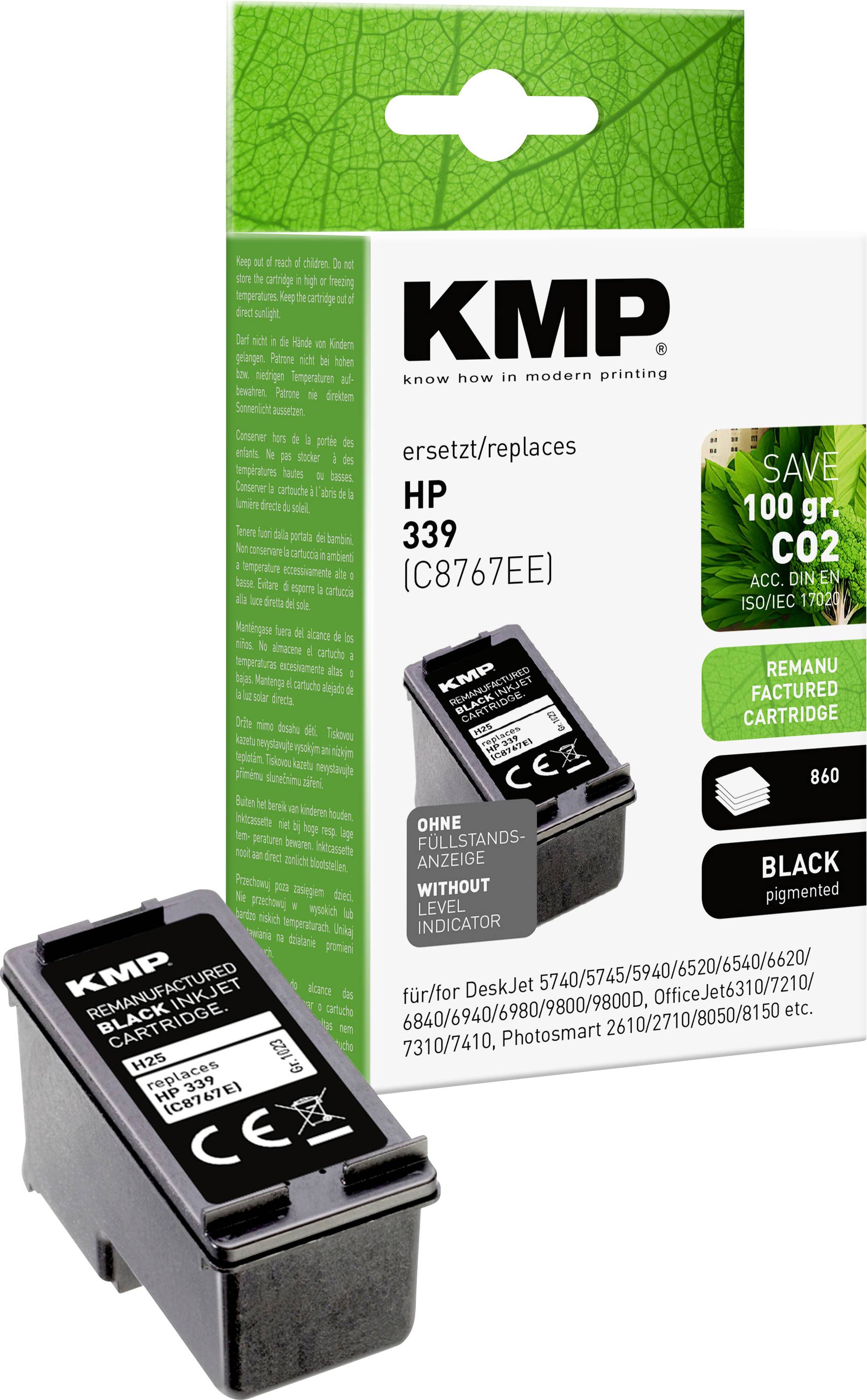 'KMP' Printer Cartridge for HP, Model 339, black, recycled packaging with note 'Saves 100g CO2'.