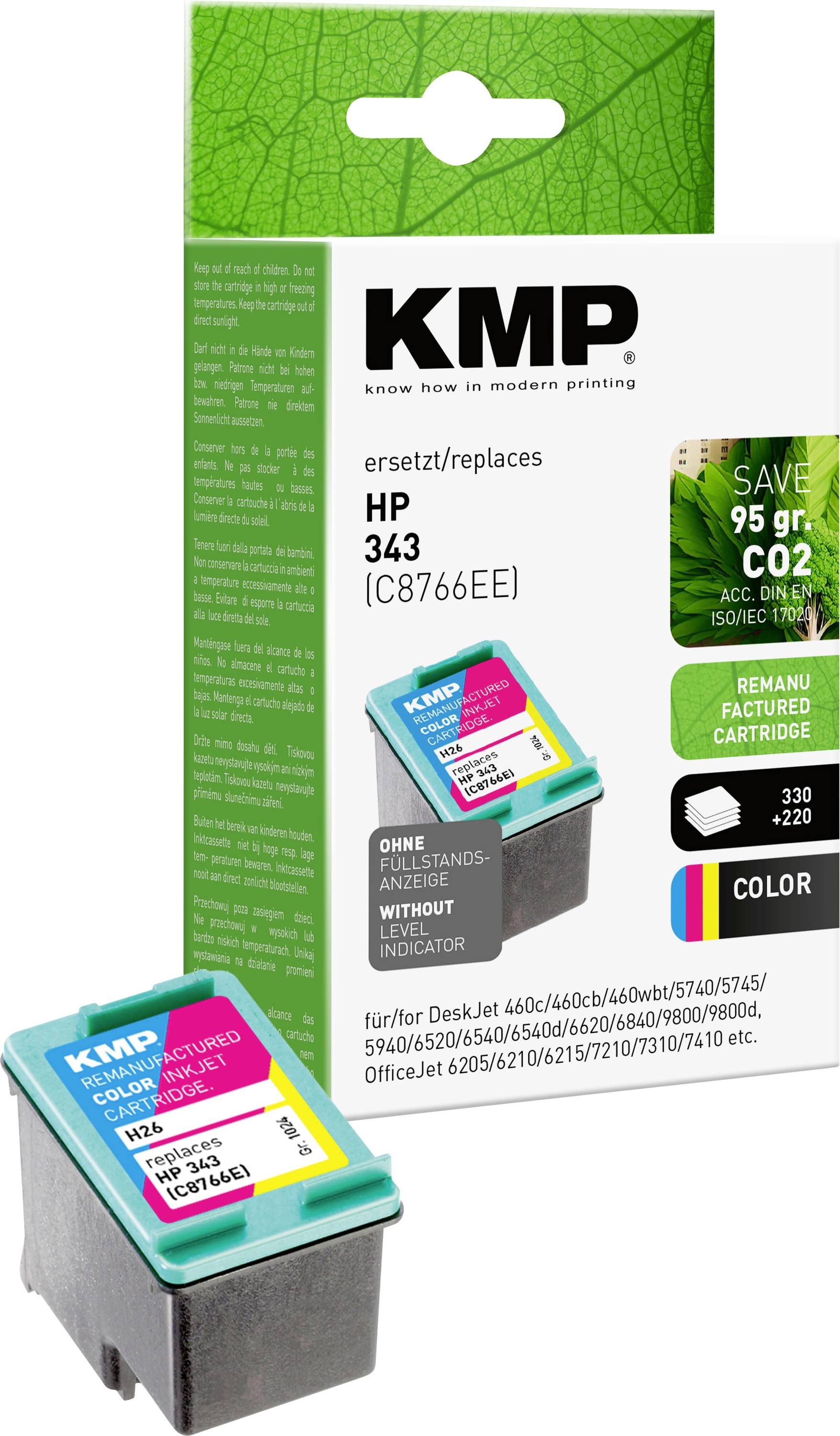 HP 343 (C8766EE) printer cartridge as a KMP replacement, remanufactured. Suitable for various HP DeskJet and OfficeJet models.