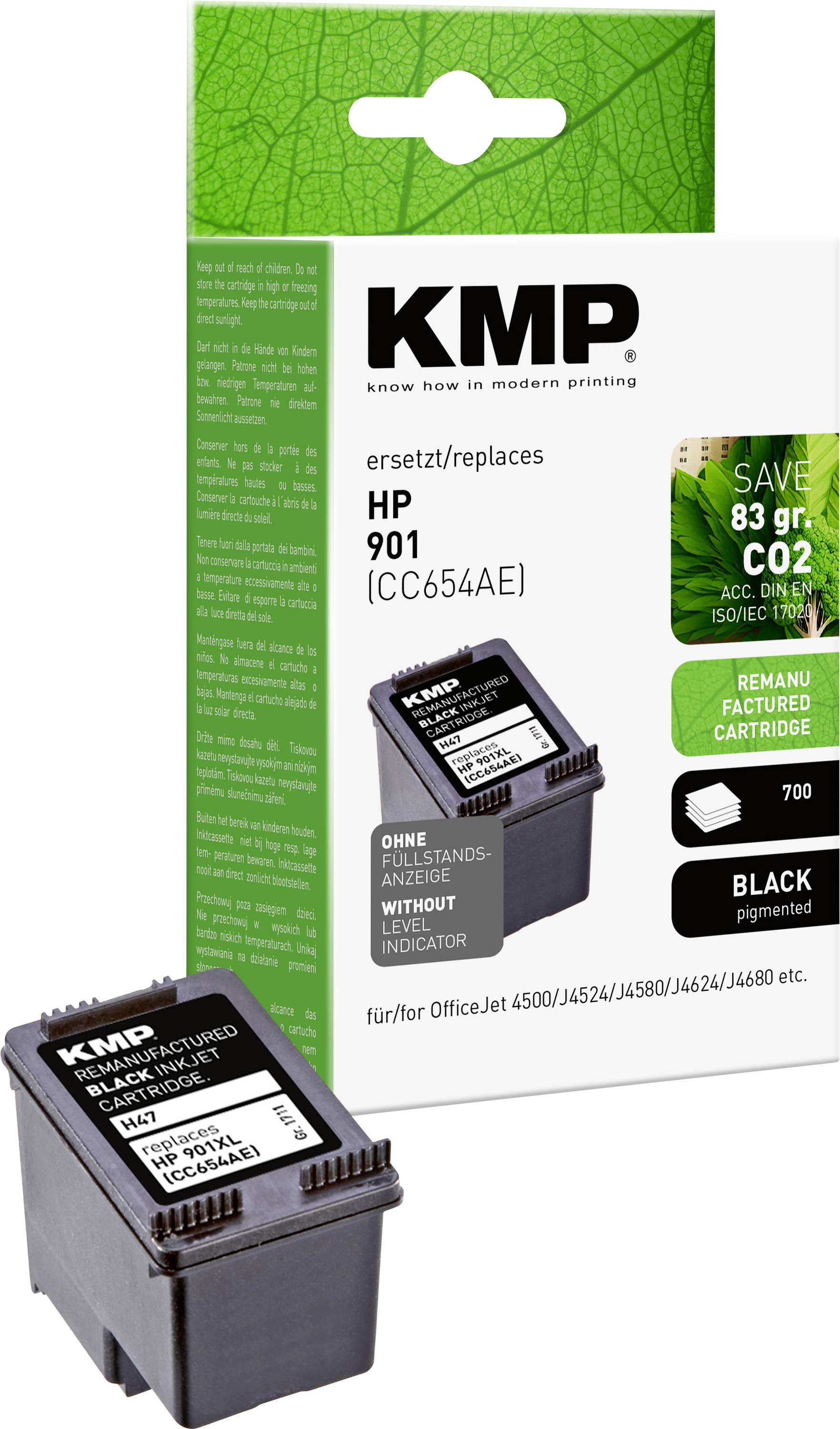 Black printer cartridge by KMP, compatible with HP 901. Packaging text: 'SAVE 83 gr CO2'. Suitable for specific HP OfficeJet models.