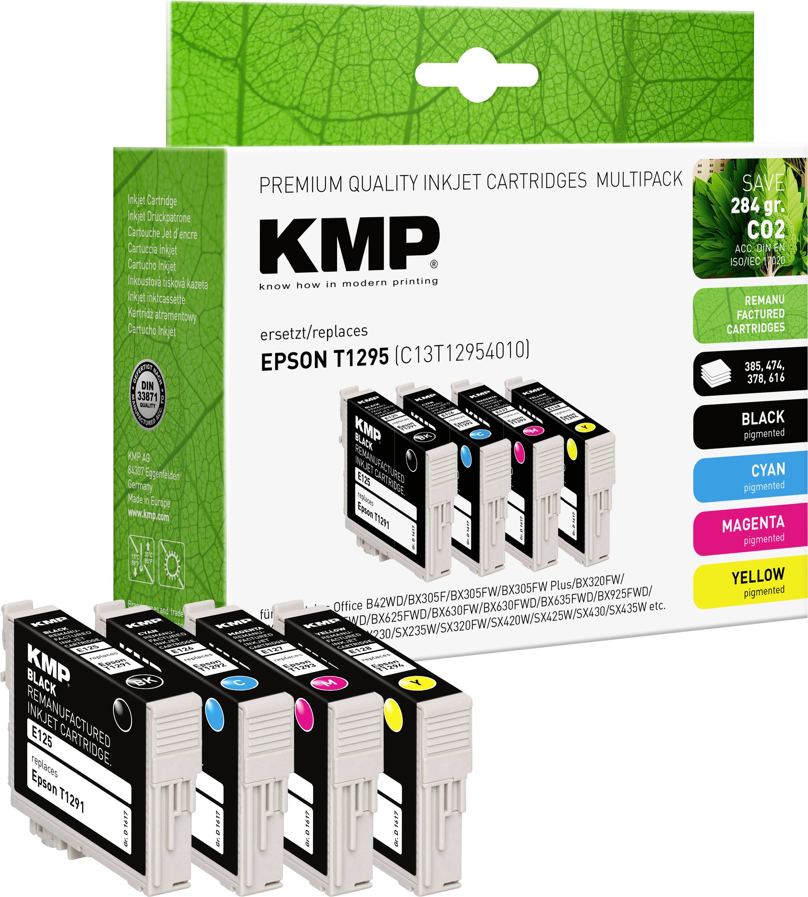 A pack of KMP premium quality inkjet cartridges compatible with Epson T1295, featuring black, cyan, magenta, and yellow inks.