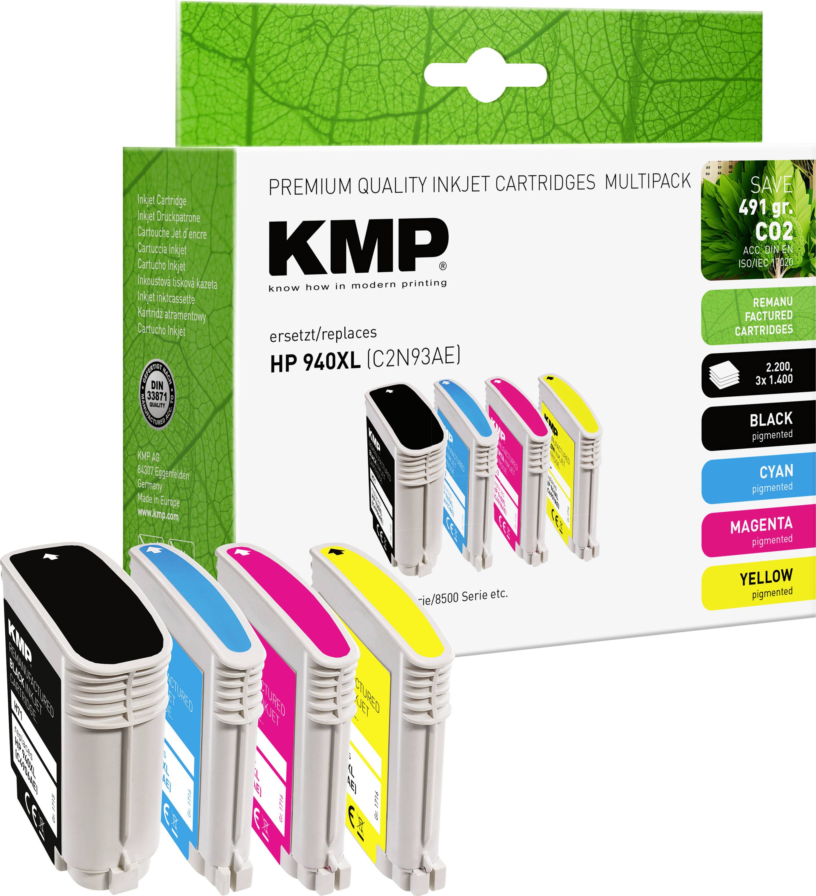 Multi-coloured packaging image of KMP ink cartridges, replacing HP 940XL. Includes black, cyan, magenta and yellow cartridges.