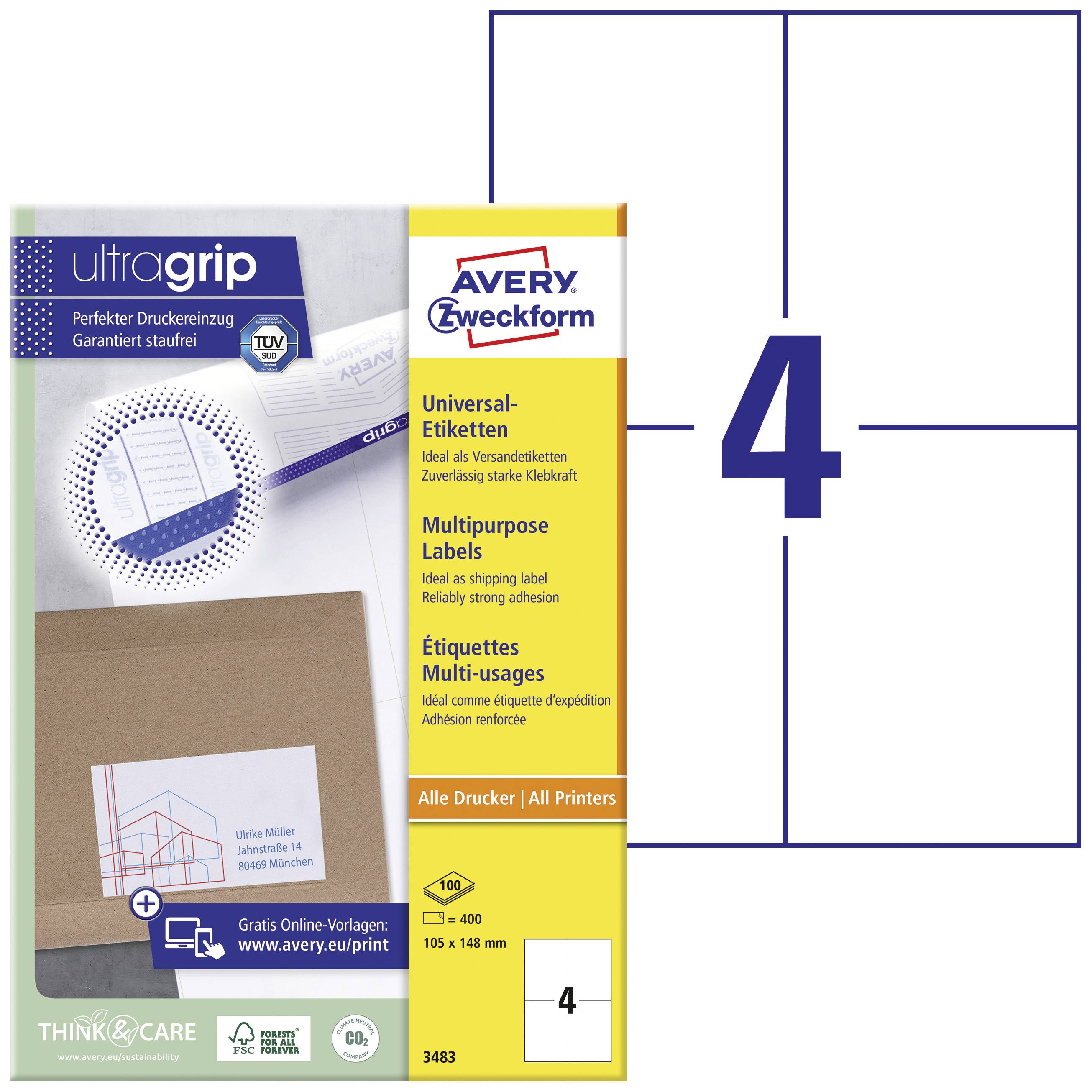 Avery Zweckform Universal Labels. Ideal for Shipping Labels, 105 x 148 mm, 400 Labels, Suitable for All Printers.