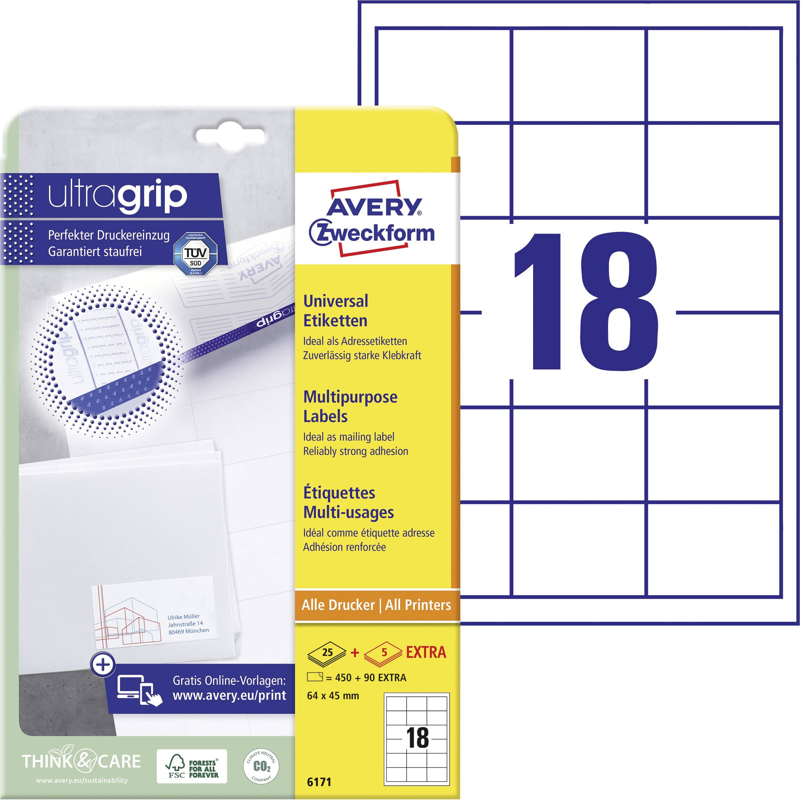 'UltraGrip Universal Labels' by Avery Zweckform, 18 labels per sheet, 64 x 45 mm, suitable for all printers.