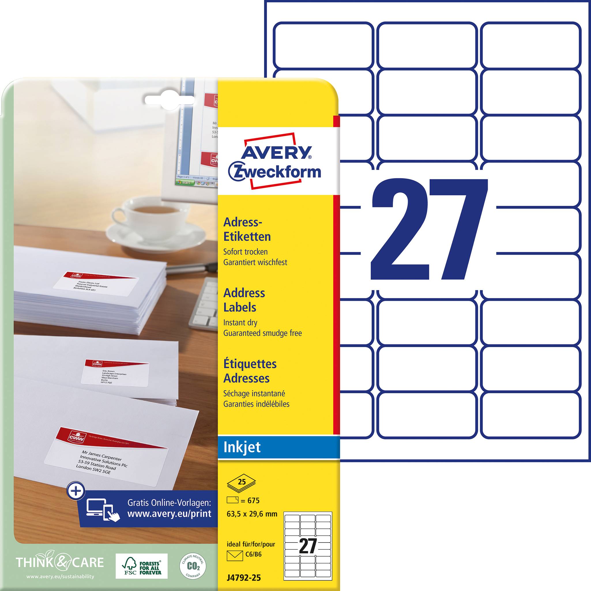 Avery Zweckform Address Labels, 27 Labels per Sheet, Quick-Drying, Pre-Cut Rectangles, White for Inkjet Printers.