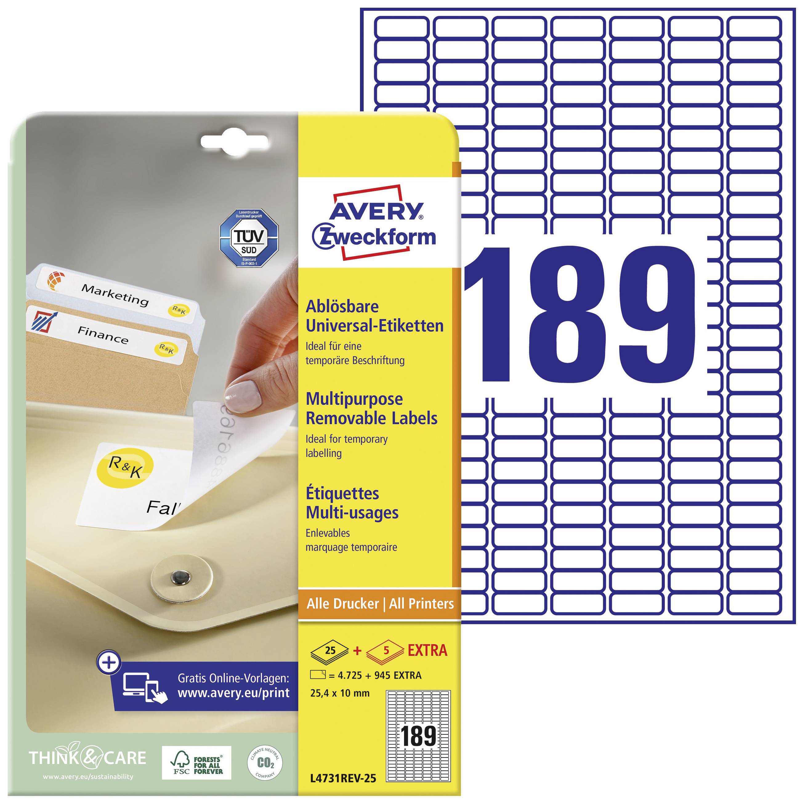 Pack of Avery Zweckform removable labels, compatible with all printers. 189 labels per sheet, ideal for temporary labelling.