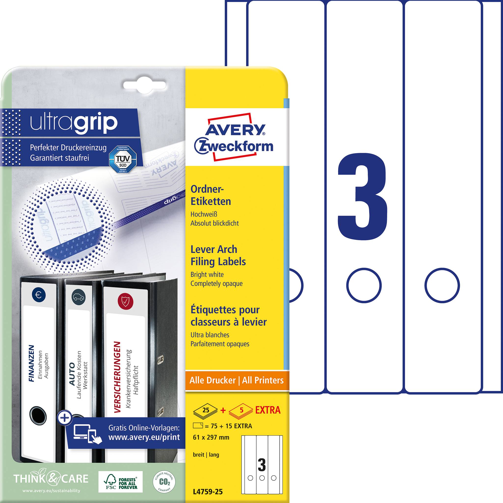 Avery Zweckform Filing Labels with 'ultragrip' Technology for Dust-Free Printers. Suitable for All Printers. Size: 61 x 297 mm.