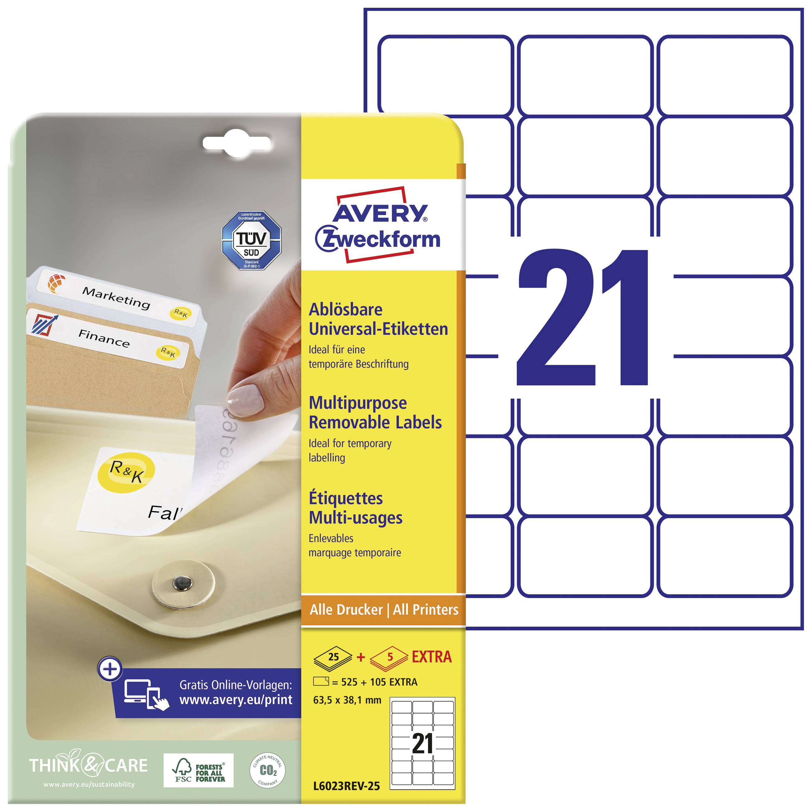 Avery Zweckform removable universal labels for temporary labelling. Pack of pre-cut labels in A4 format.