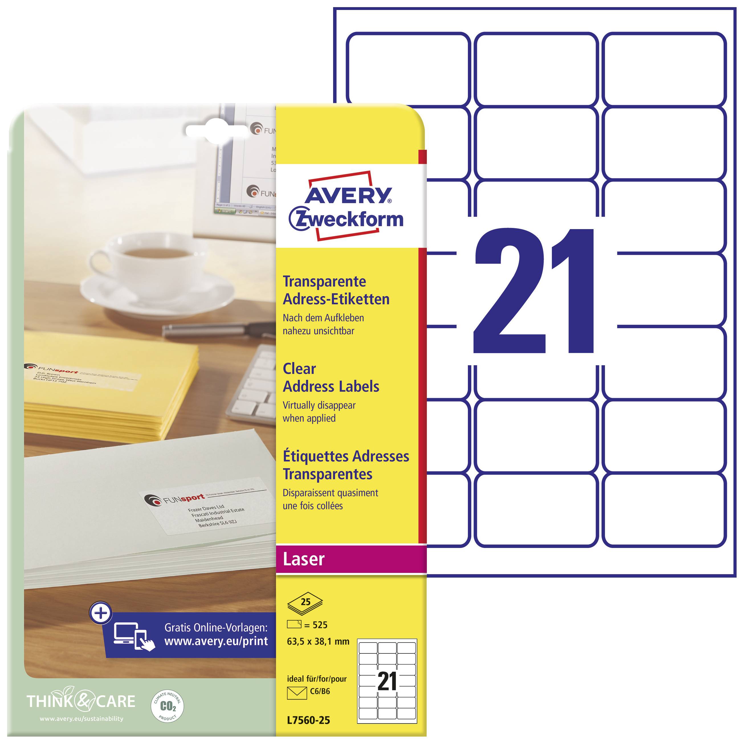 Avery Zweckform Transparent Address Labels, 63.5 x 38.1 mm, 21 Labels per Sheet. Suitable for Laser Printers.