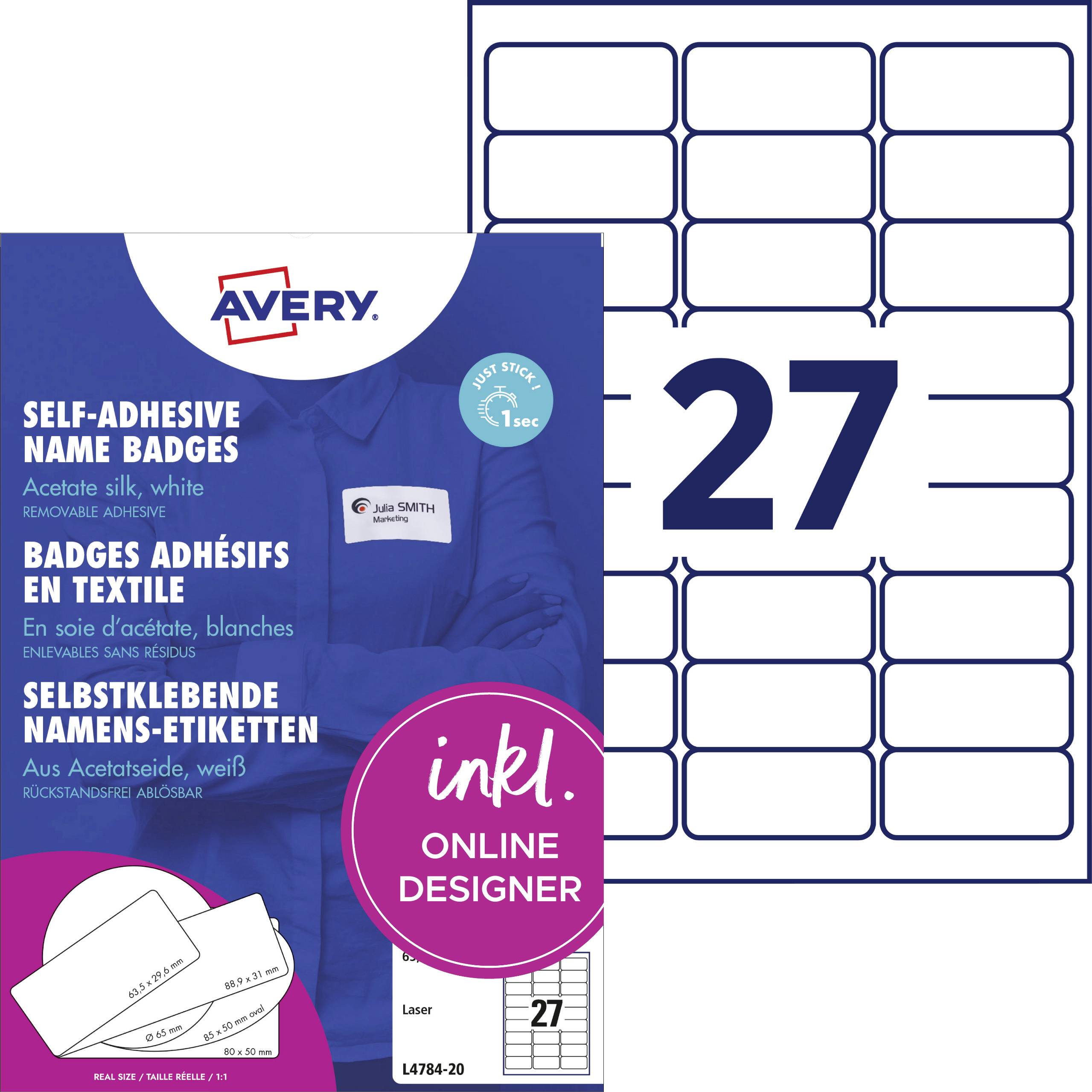 Pack of self-adhesive name labels, 27 labels per sheet, suitable for laser printers.