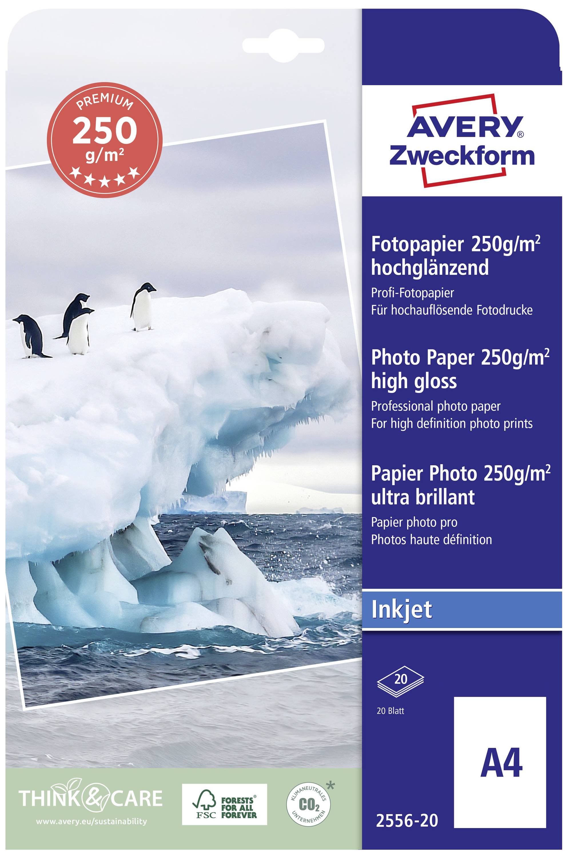 Two penguins are standing on an iceberg. Avery Zweckform A4 photo paper with 250 g/m² high-gloss for high-resolution photo prints.