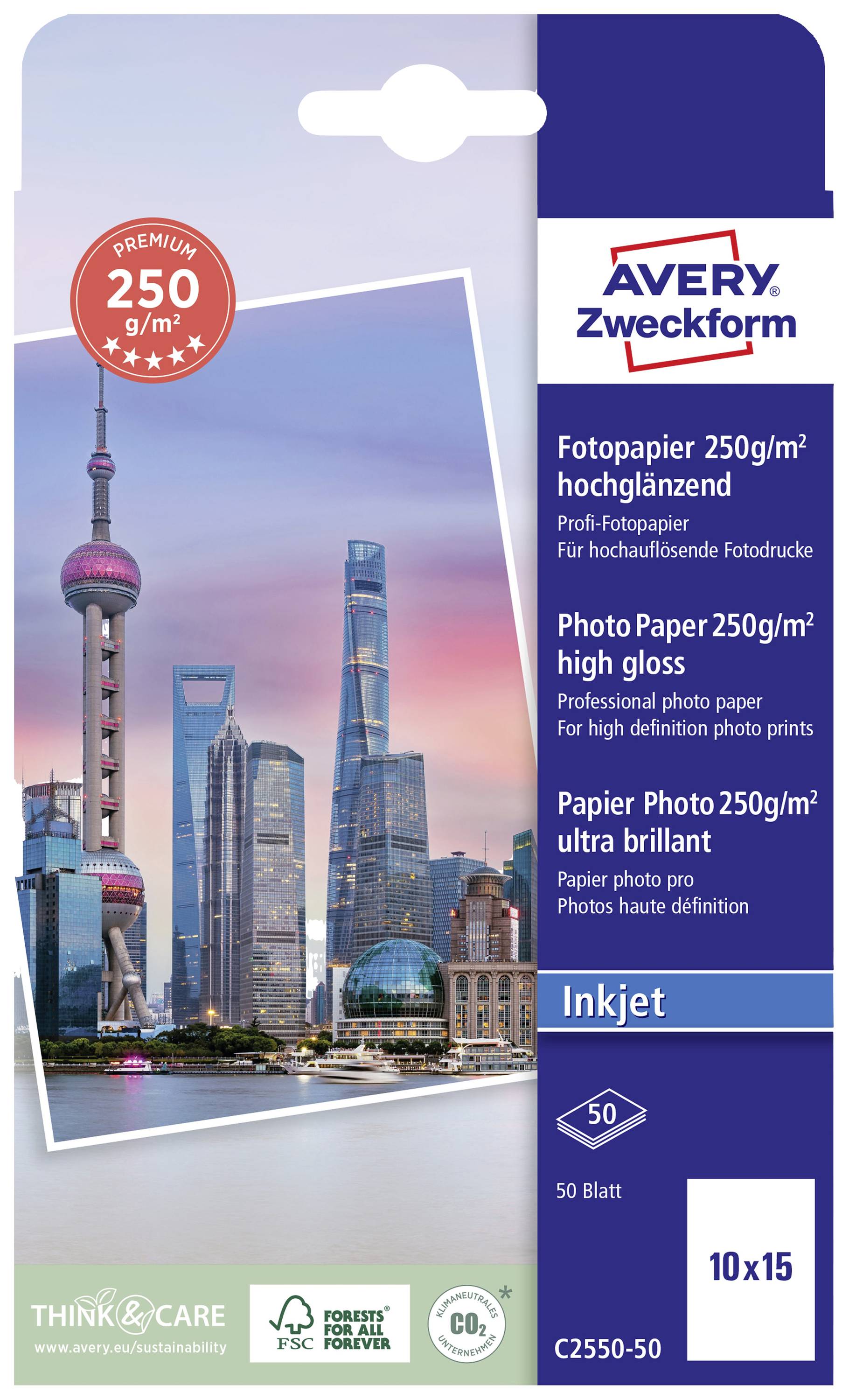 Photo paper envelope: Avery Zweckform, 250 gsm, high-gloss, 50 sheets, 10x15 cm, suitable for inkjet printers. Skyline in the background.