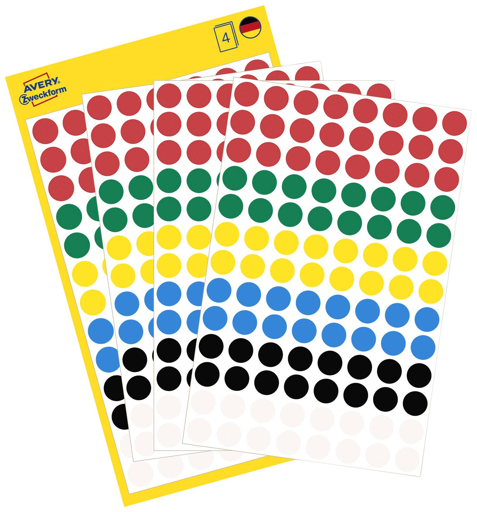 Four arches with coloured dots (Red, Green, Yellow, Blue, Black) on a yellow background.