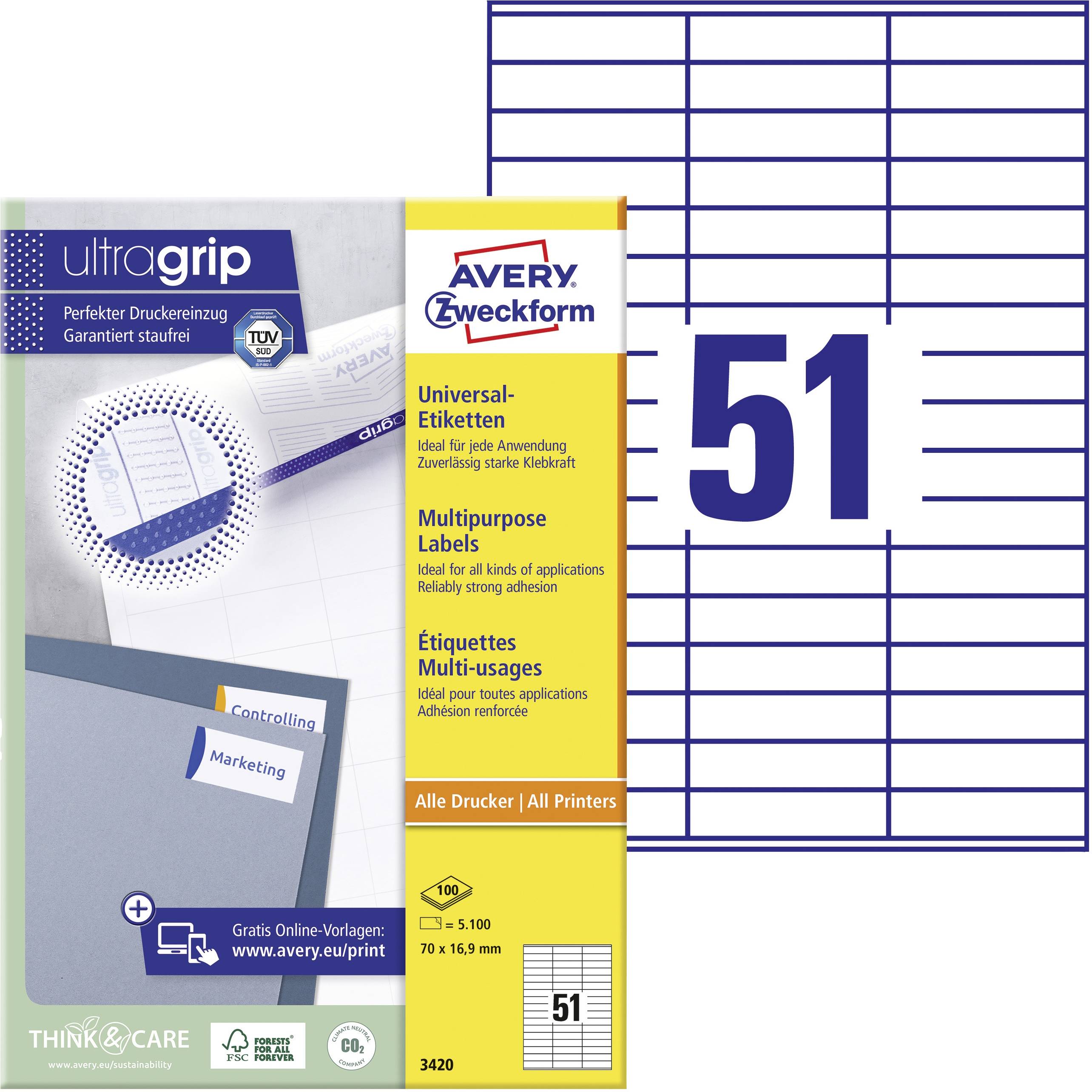 Avery Zweckform 3420 Label Set, 51 Labels per Sheet, Universally Compatible with All Printers.