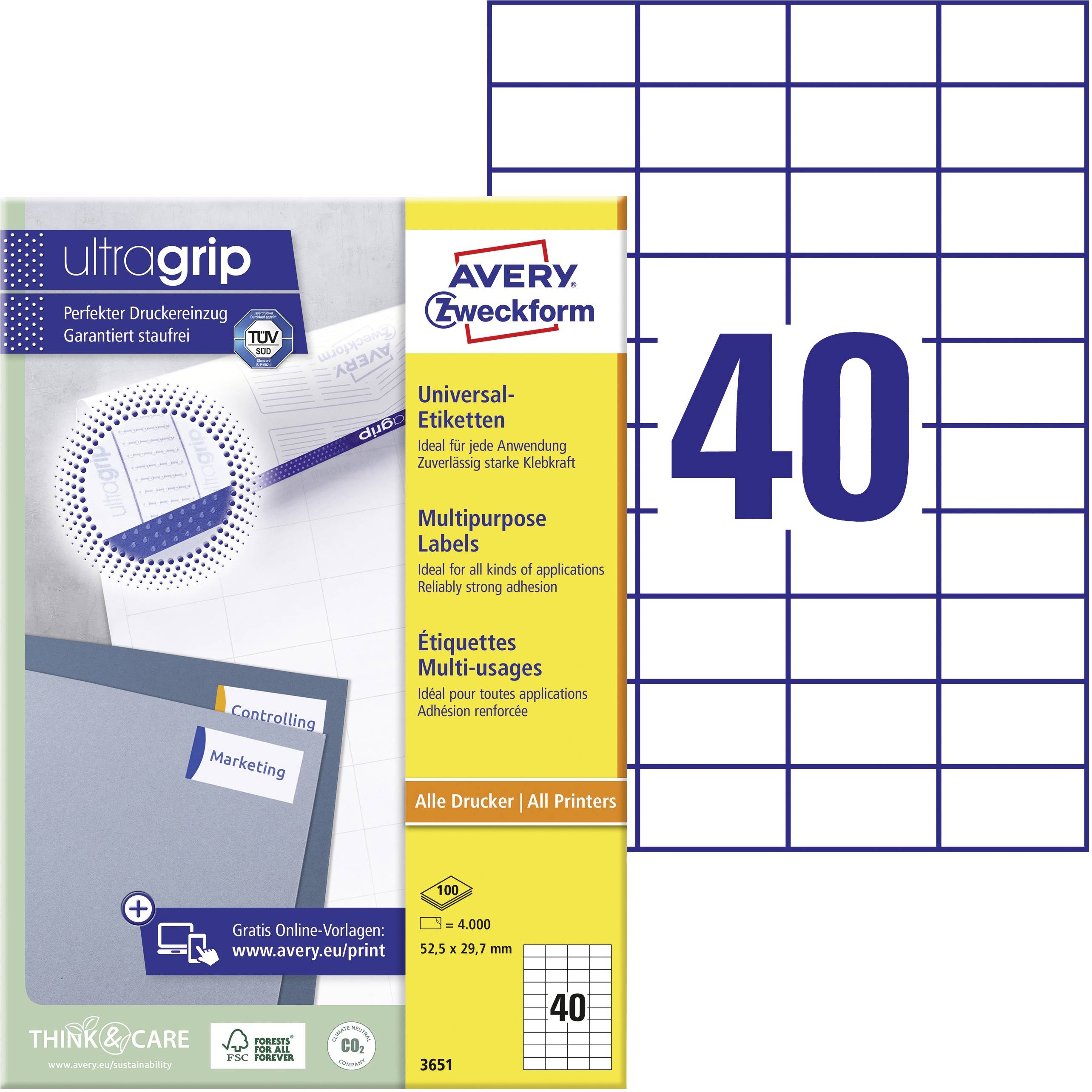 Ultragrip Universal Labels by Avery Zweckform, 40 labels per sheet. Ideal for versatile applications, suitable for all printers.