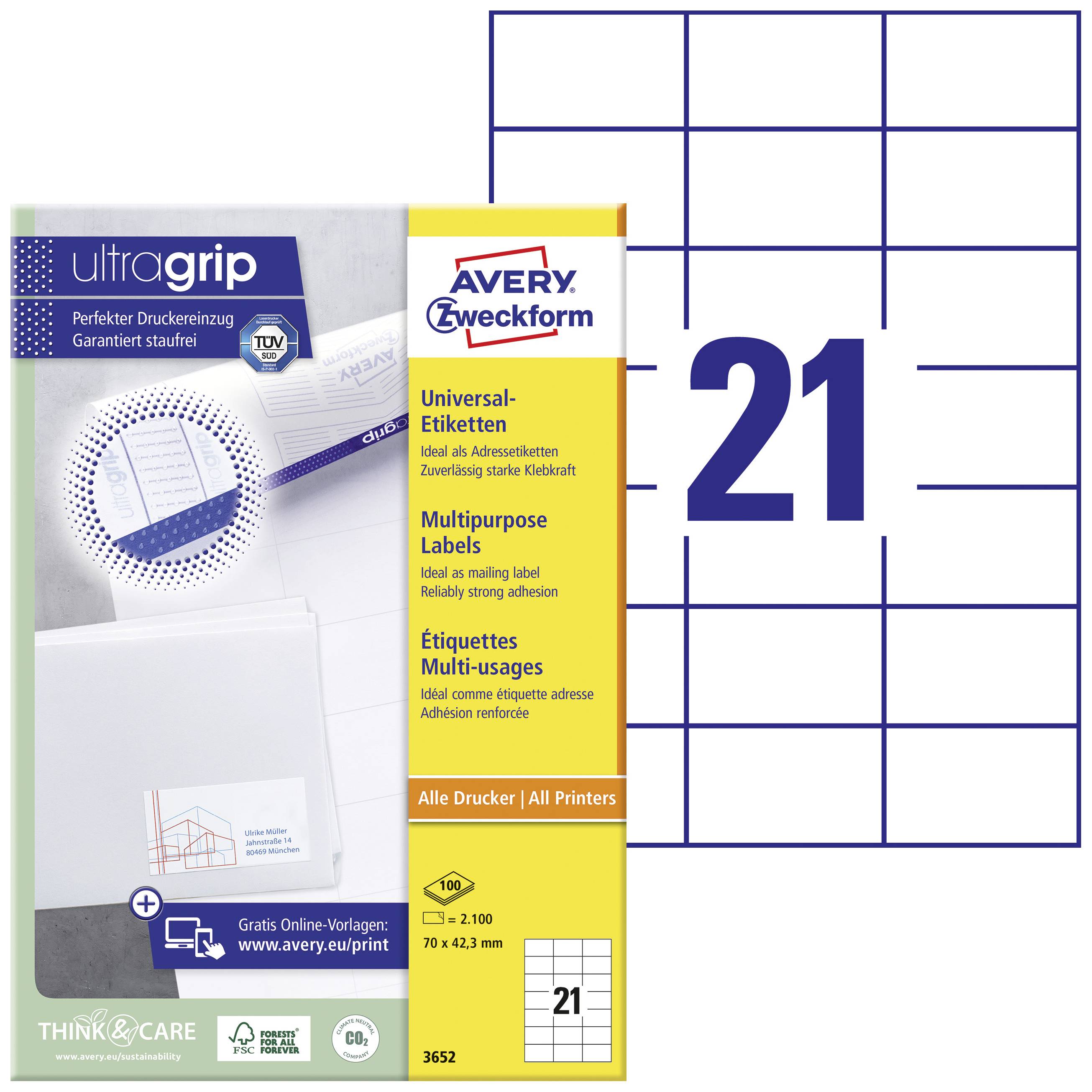 Pack of Avery Zweckform Universal Labels 3652 with 21 labels per sheet, suitable for all printers, size 70 x 42.3 mm.