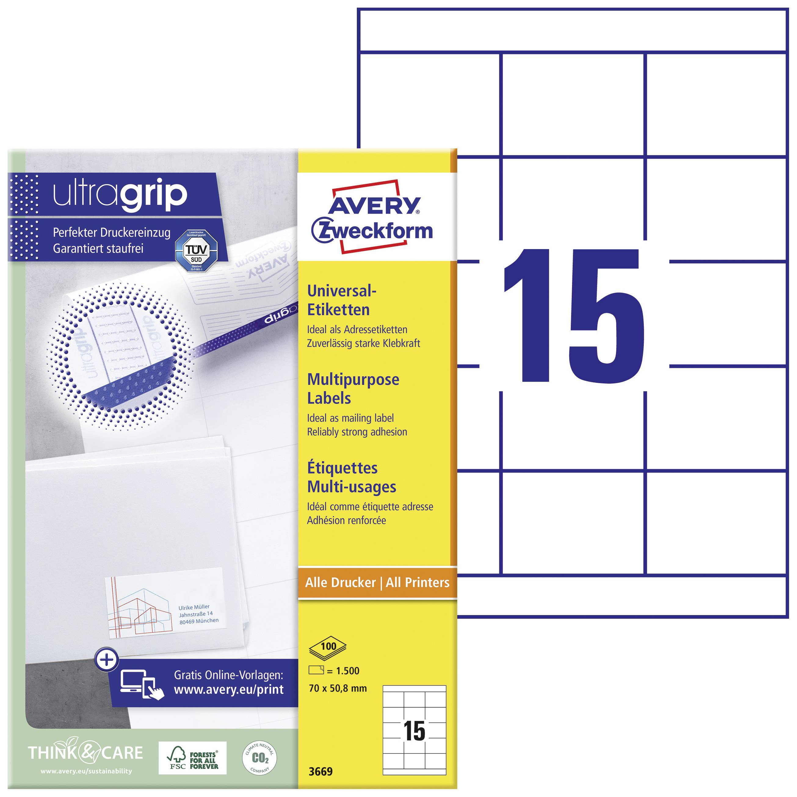 'Avery Zweckform 3669' Universal Labels, 15 labels per sheet. High-quality print quality with adhesion guarantee. Ideal for postage.