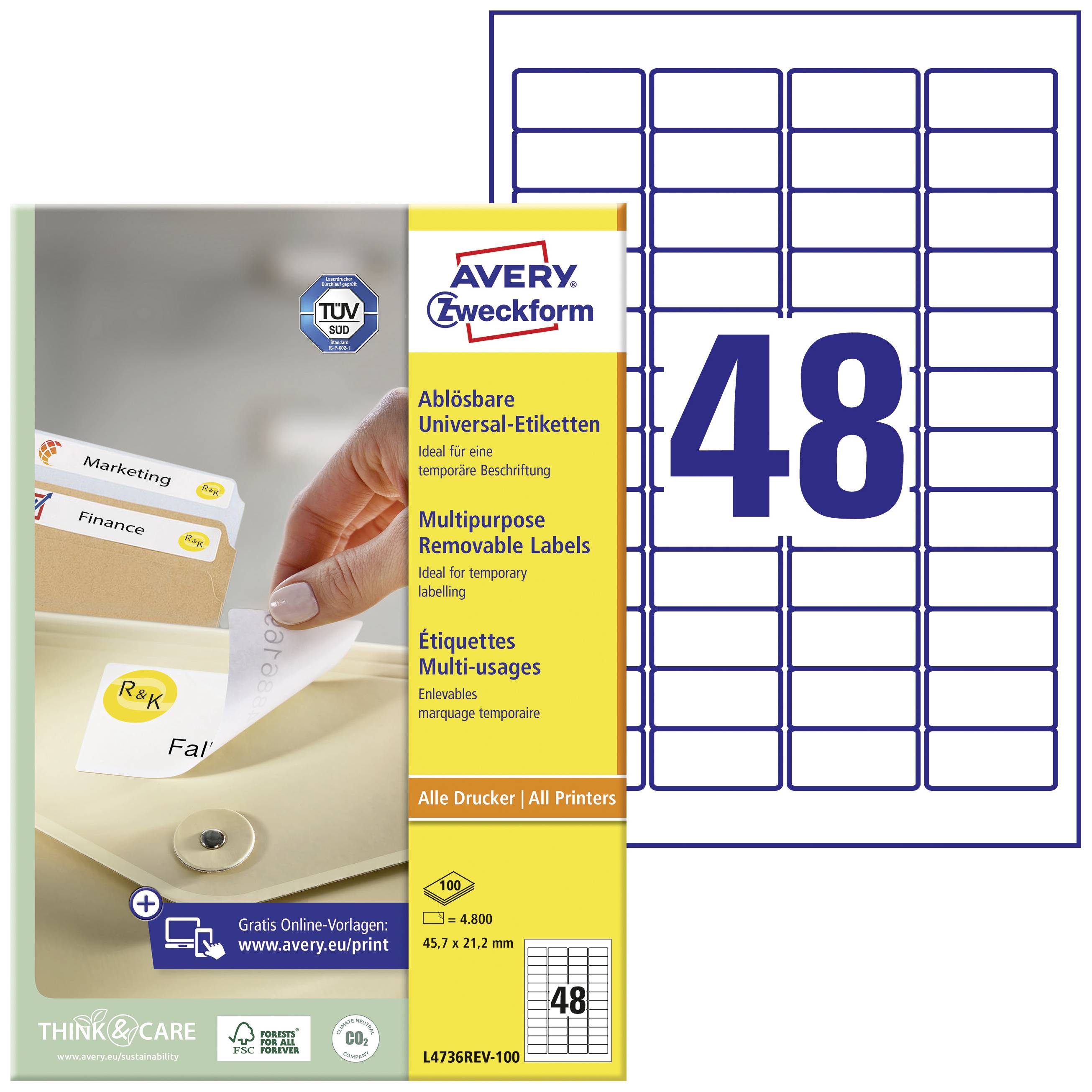 'Removable Universal Labels' by Avery Zweckform, ideal for temporary labelling, 48 labels per sheet, compatible with all printers.