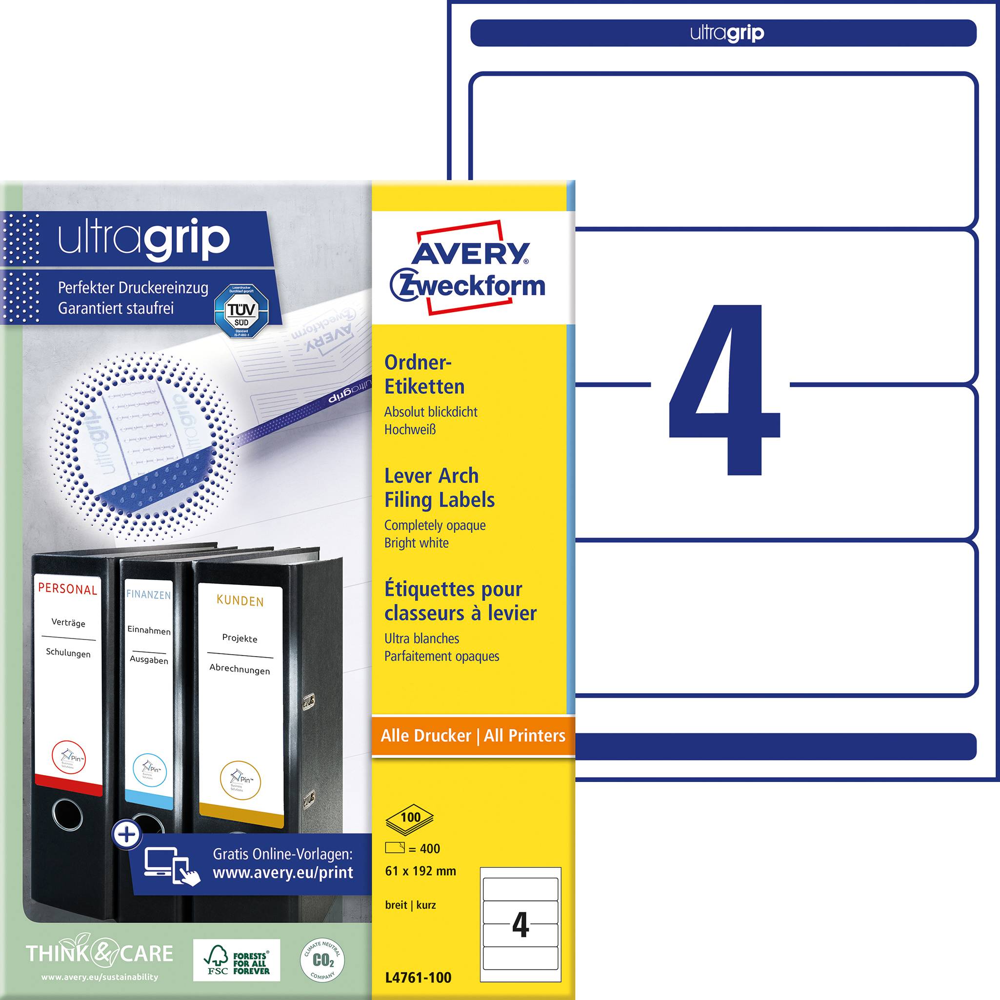 'Avery Zweckform Ring Binder Labels', suitable for lever arch files. 400 labels, numbered with '4'. Optimal printing results.