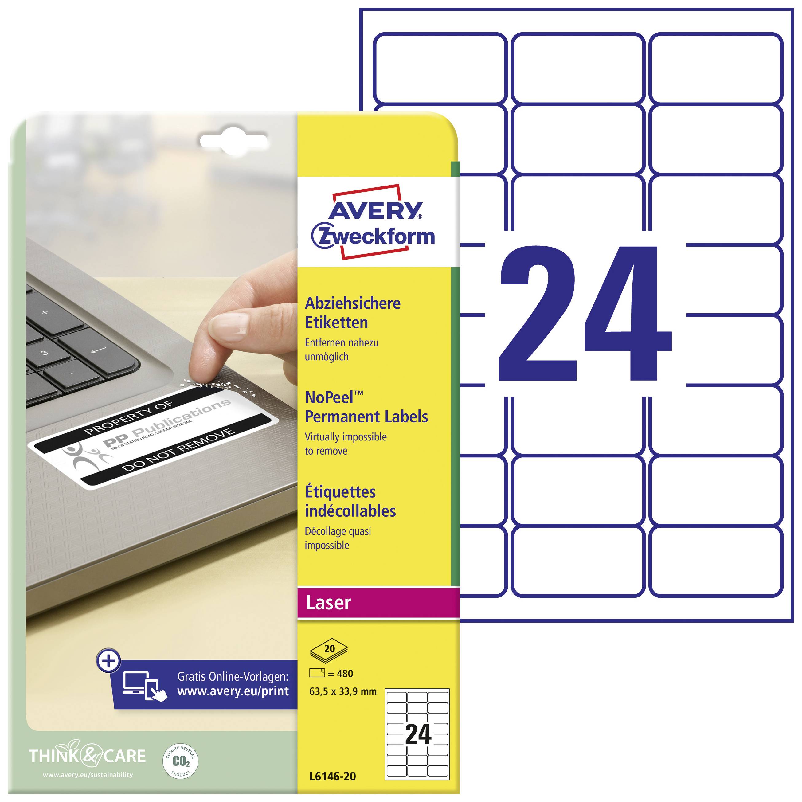 A pack of Avery Zweckform removable labels for laser printers, shown with an example of application on a laptop.