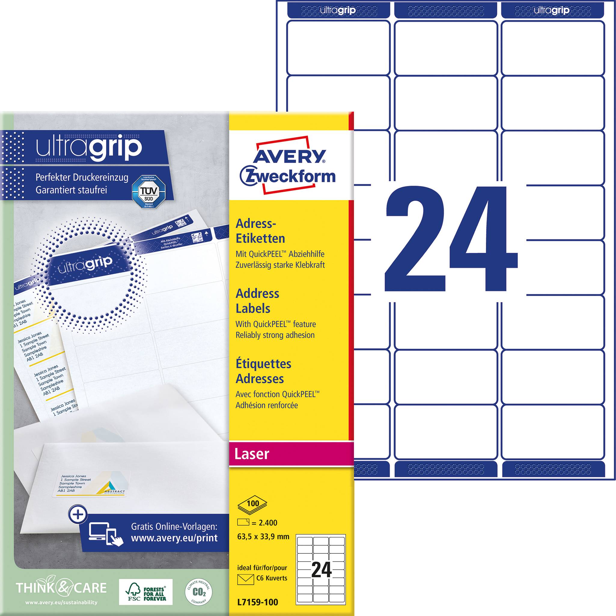 Avery Zweckform Address Labels, Size 63.5 x 33.8 mm, 100 Sheets per Pack. 24 Labels per Sheet, Suitable for Laser Printers.