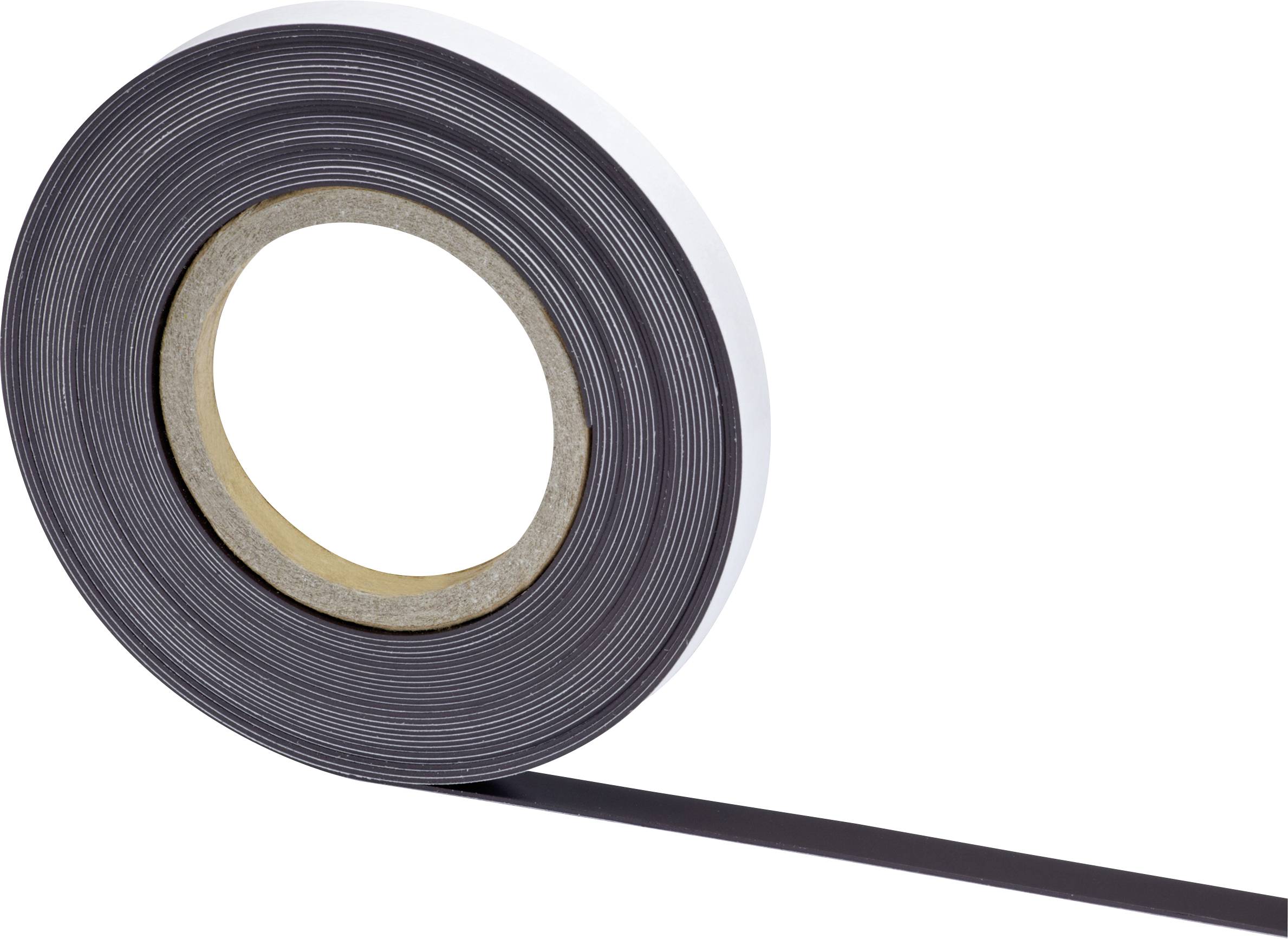 A roll of self-adhesive magnetic tape suitable for flexible applications.