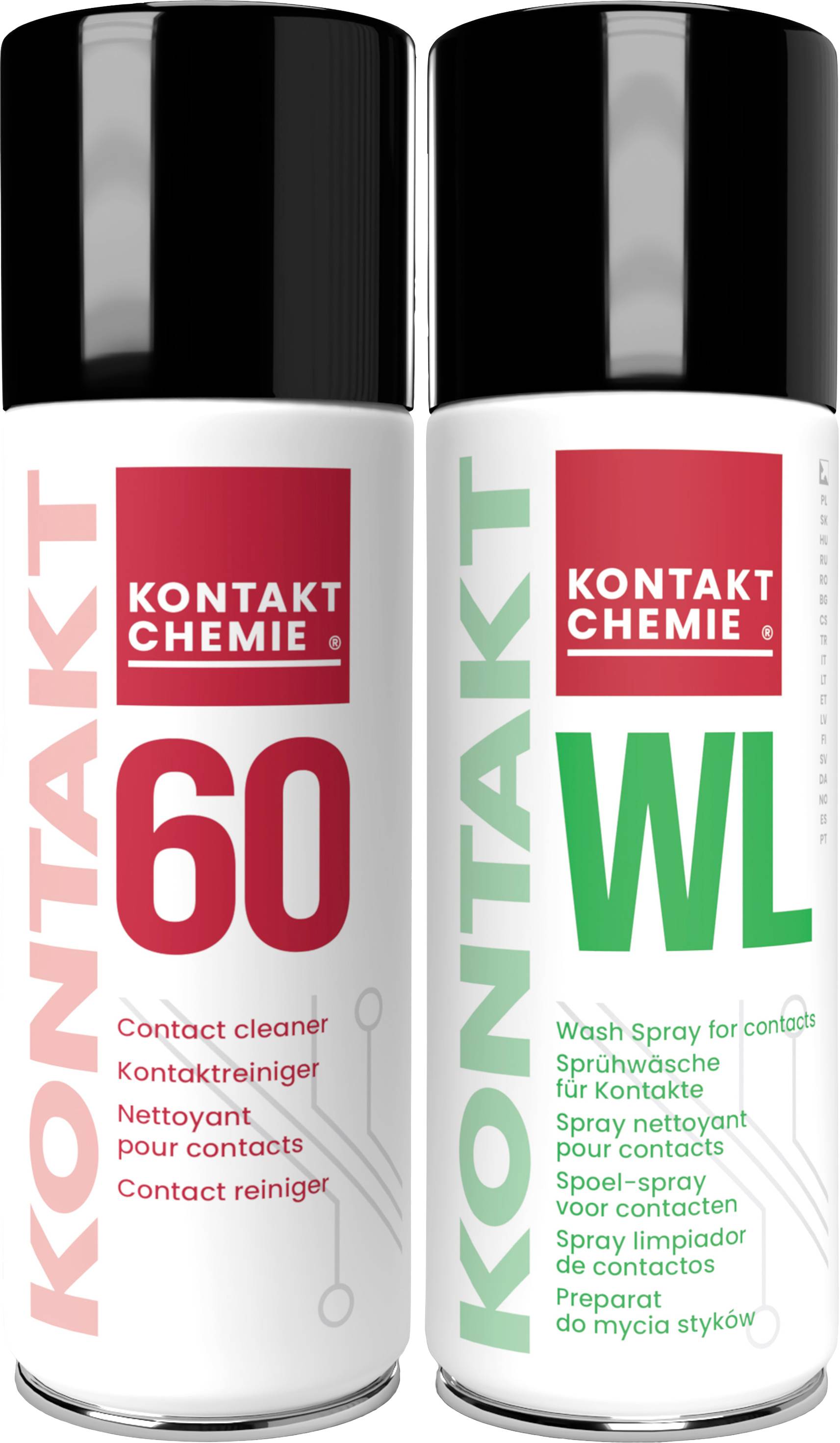 Two spray cans of the brand 'Kontakt Chemie'. On the left: Kontakt 60, a contact cleaner. On the right: WL, a contact wash spray.