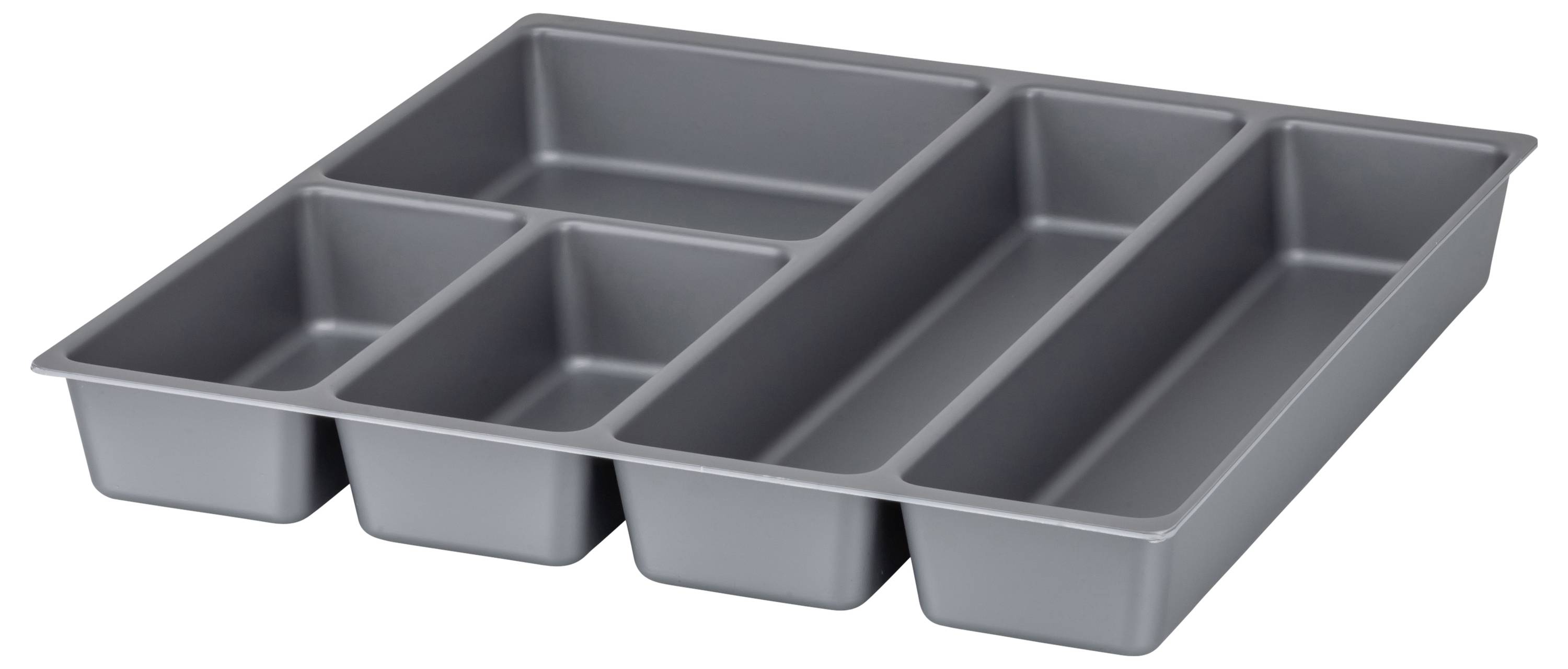 A grey, rectangular baking tray with six different compartments, suitable for baking multiple loaves or cakes simultaneously.