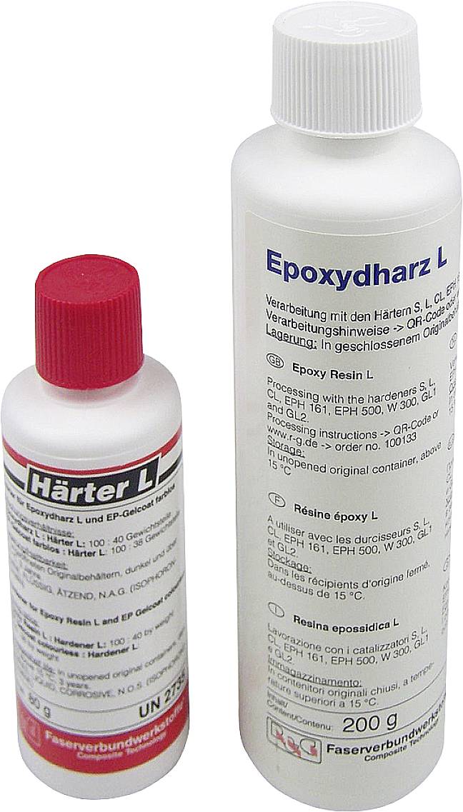 Two bottles with labels: on the left a small container 'Hardener L', on the right a larger bottle 'Epoxy Resin L'. They are intended for resin processing.