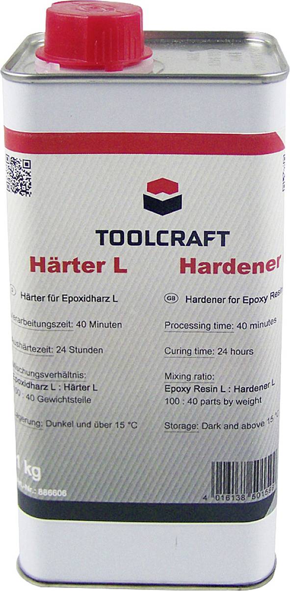 A tin of Toolcraft Hardener L for epoxy resin. Label shows mixing ratio 100:40, processing time 40 minutes, curing time 24 hours.