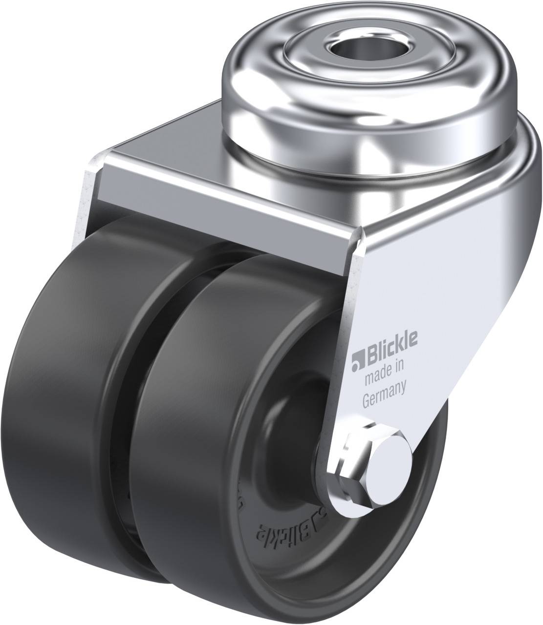 Double-wheel castor with silver housing, 'Blickle made in Germany' on the side. Suitable for industrial applications.