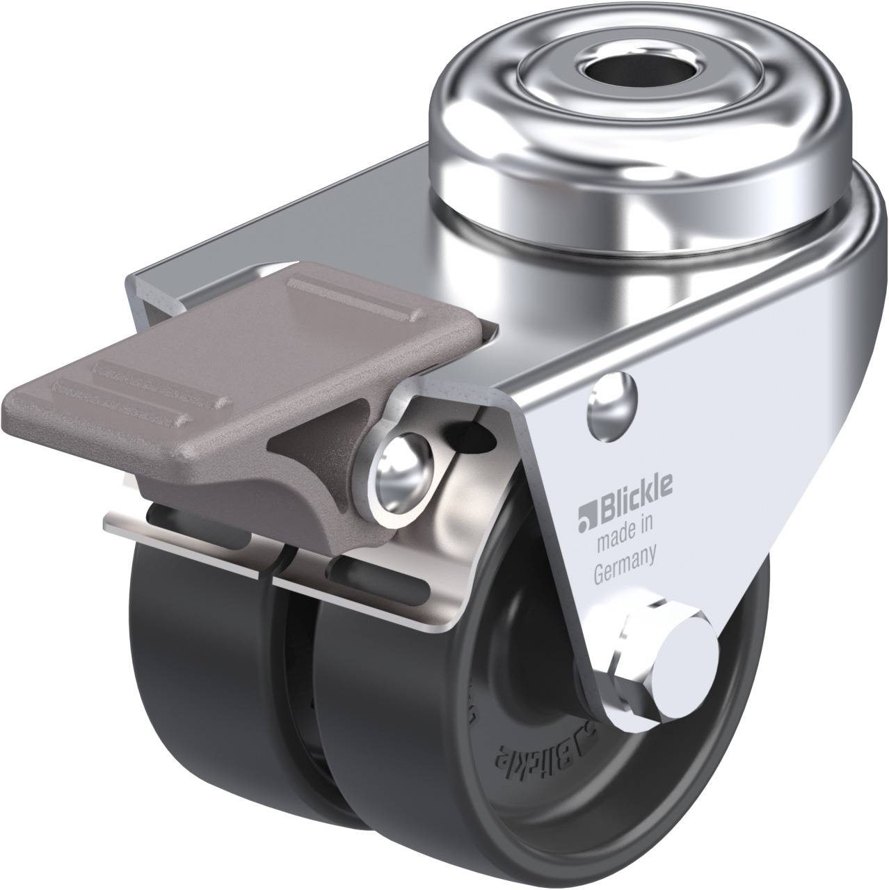 Metal twin-wheel castor with brake and black wheel, manufactured in Germany. Suitable for use on furniture or trolleys.