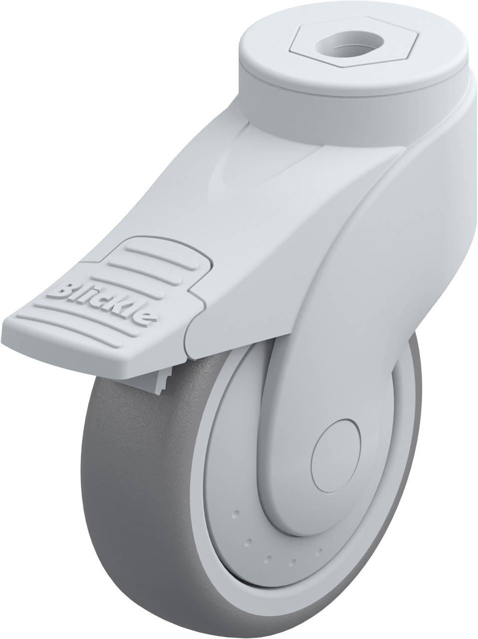 A grey plastic swivel castor with a brake, suitable for furniture or equipment, on a light background.