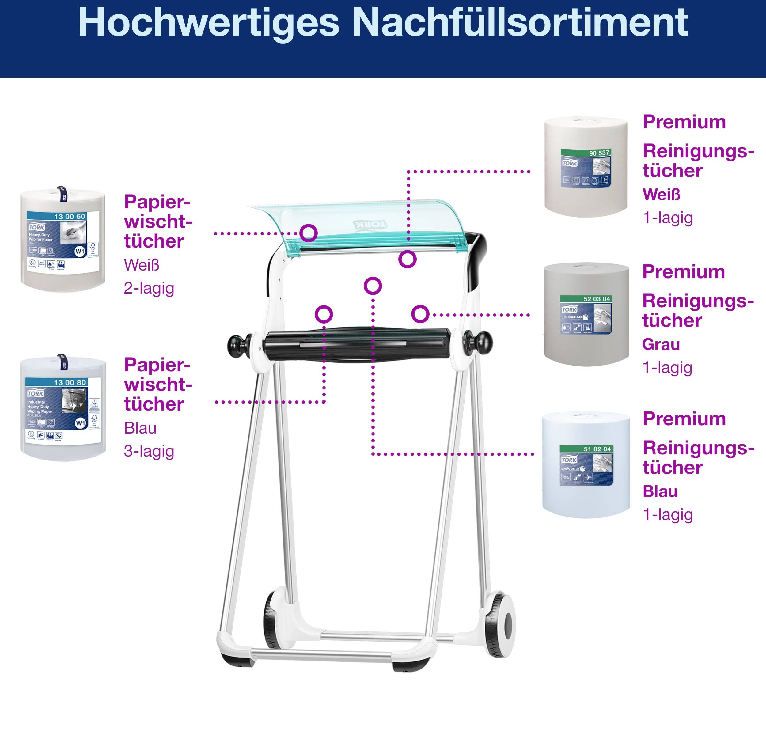 High-quality refill range for paper towels with various layers. Includes white and blue, available in single or double-ply.