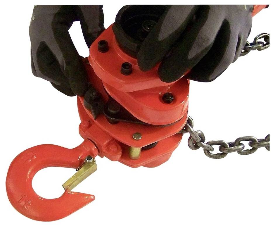 Gloved hands operating a red lifting chain hook clamp on a white background.