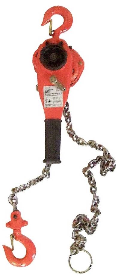 Red chain hoist with top and bottom hooks and hanging chain on a white background.