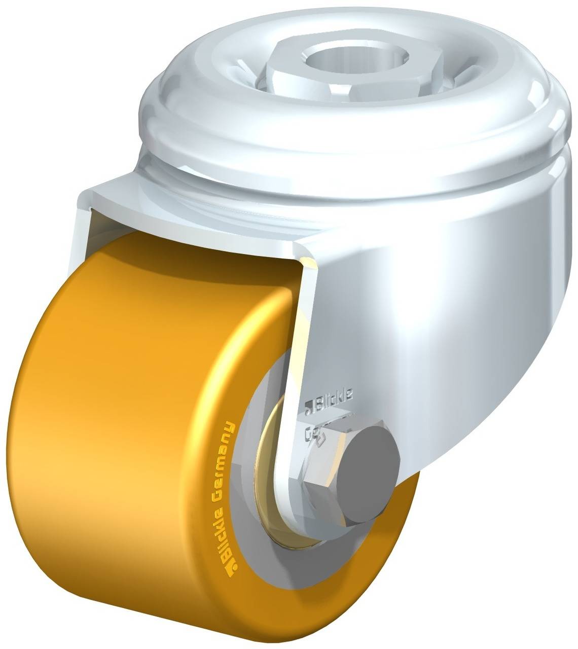 Metallic castor wheel with yellow wheel and silver mounting, side view.