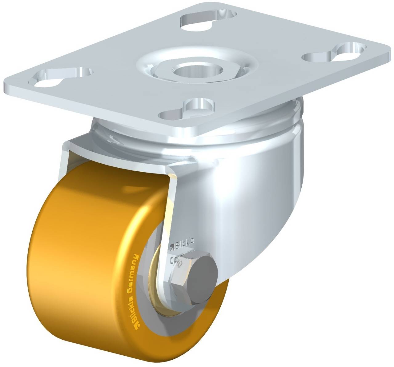A swivel castor wheel with a yellow wheel and silver mounting for mobility on furniture or devices.