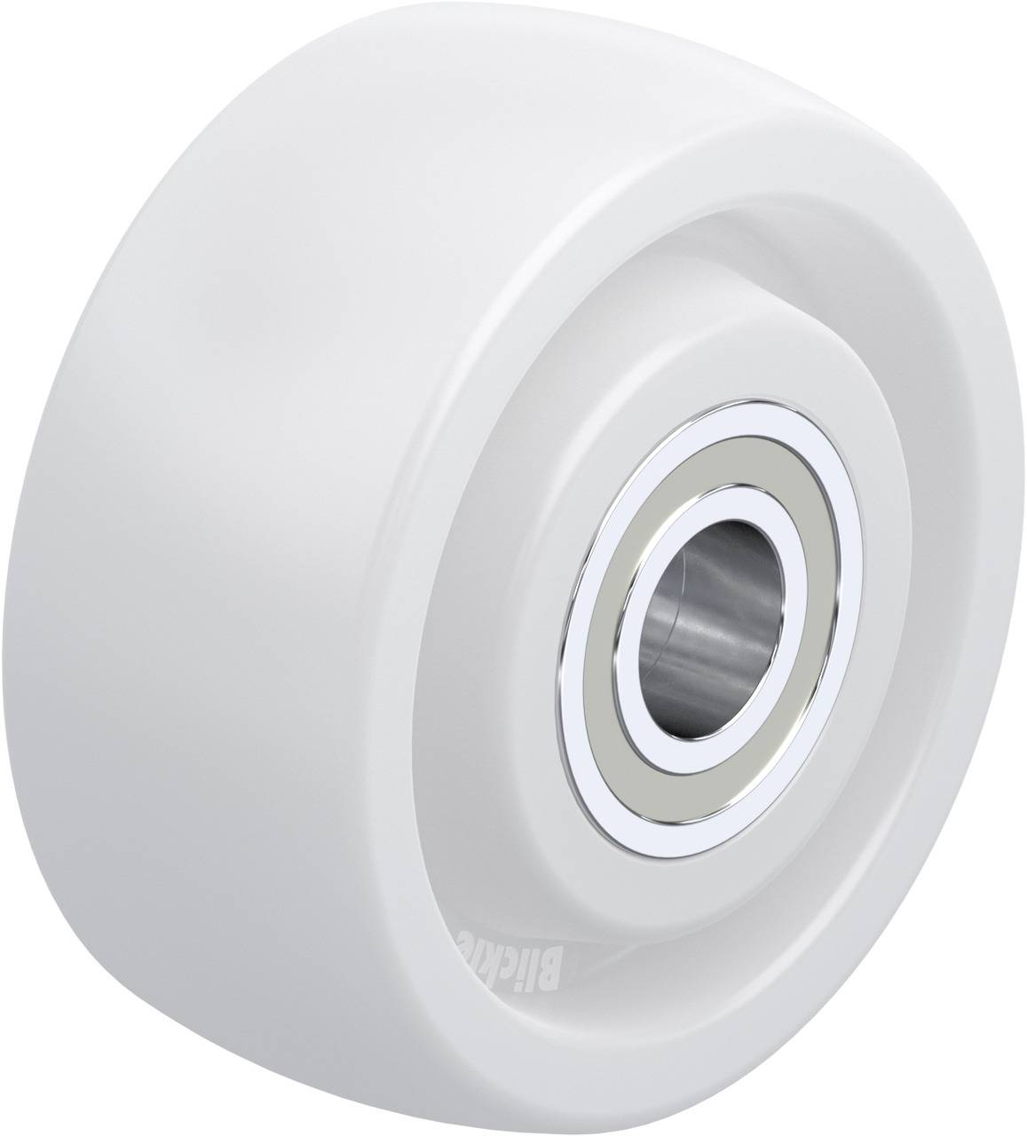 White plastic roller with integrated metal ball bearing, suitable for light industrial applications.